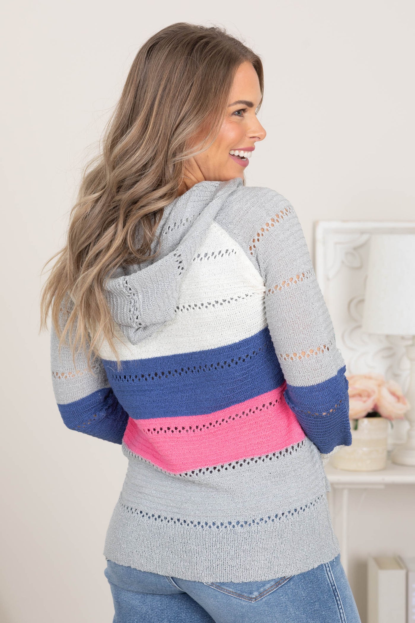 Grey and Pink Colorblock Stripe Hooded Sweater