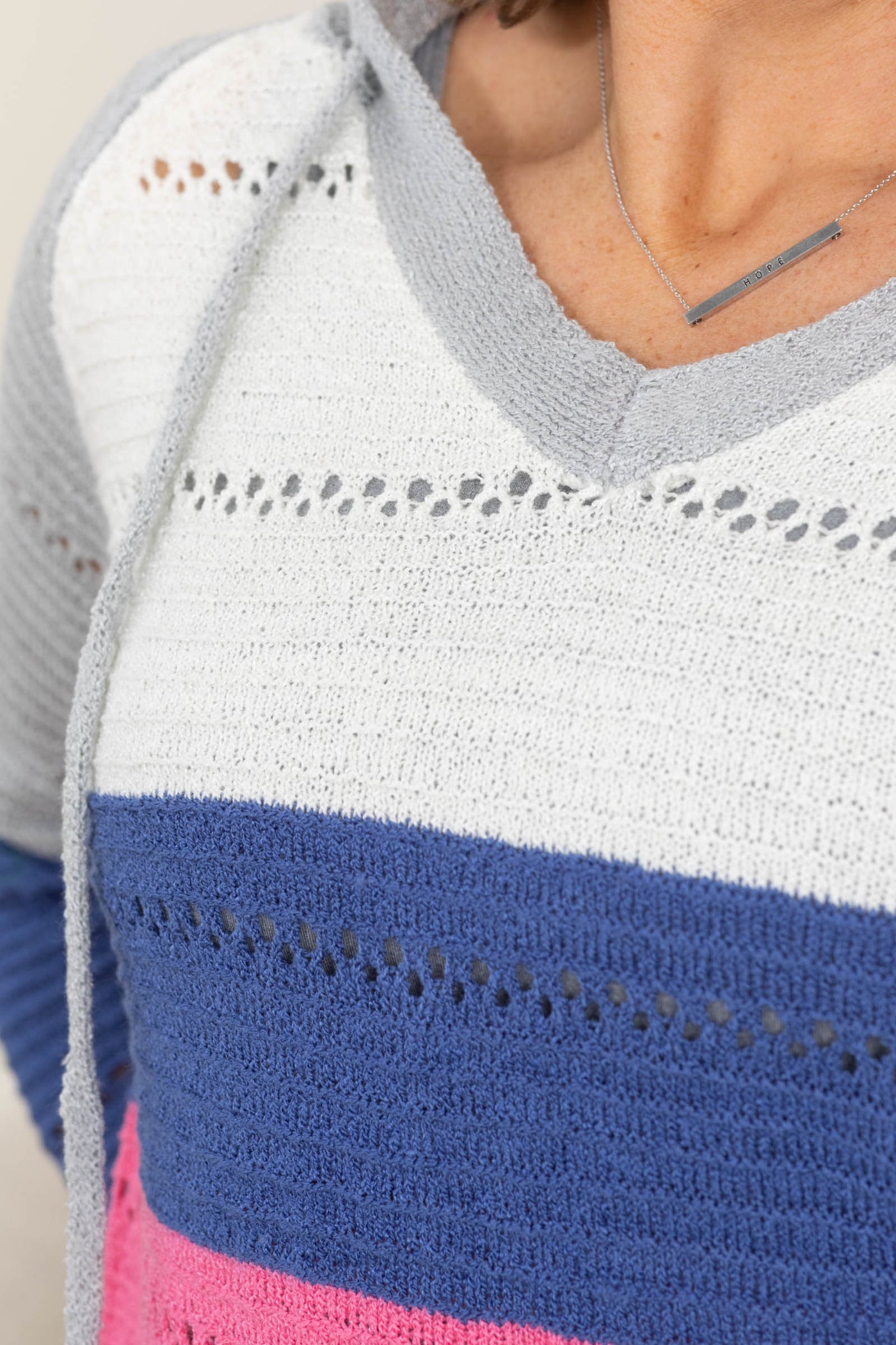 Grey and Pink Colorblock Stripe Hooded Sweater