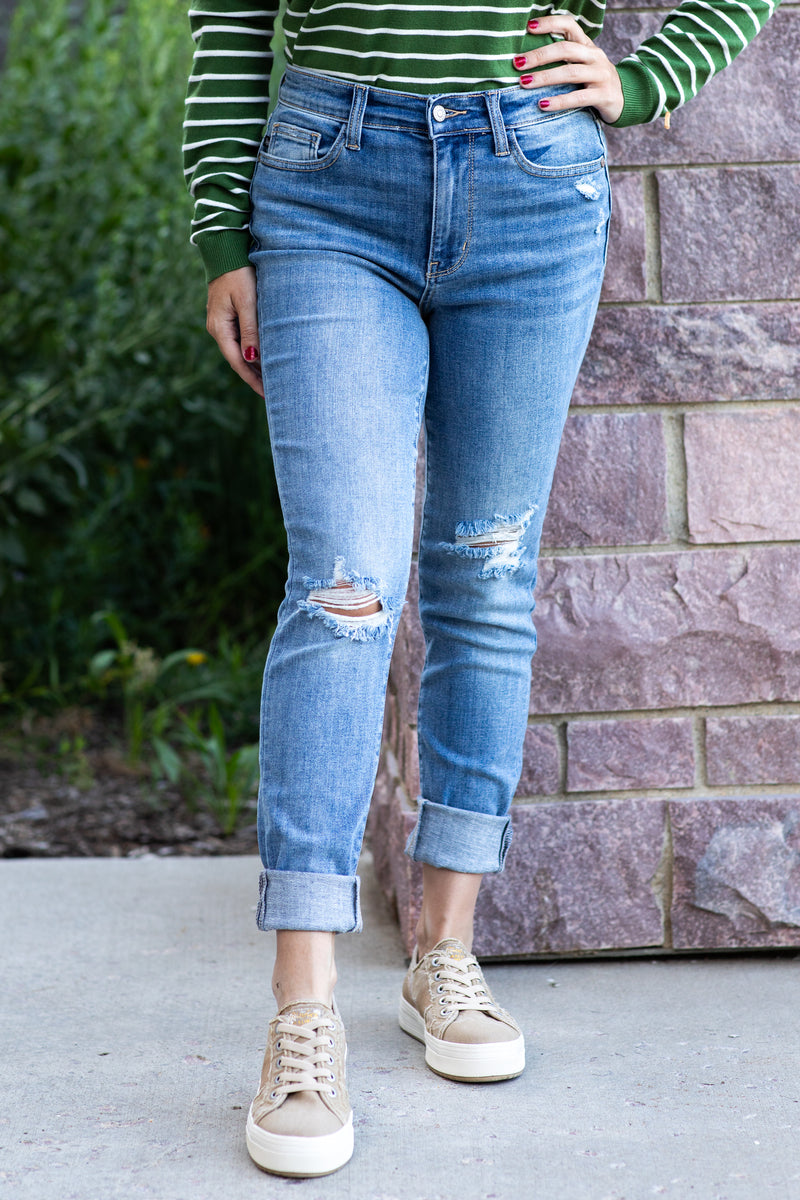 HW Skinny Destroy & Shark Bit Hem Jeans  • Judy Blue