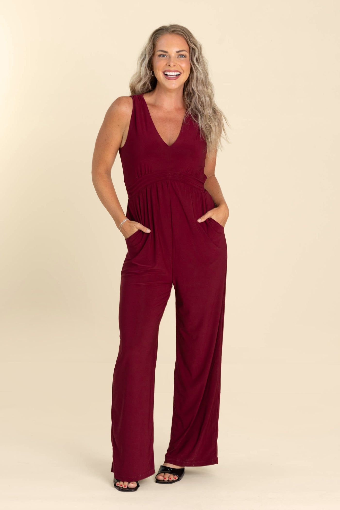 Burgundy V-Neck Sleeveless Back Tie Jumpsuit