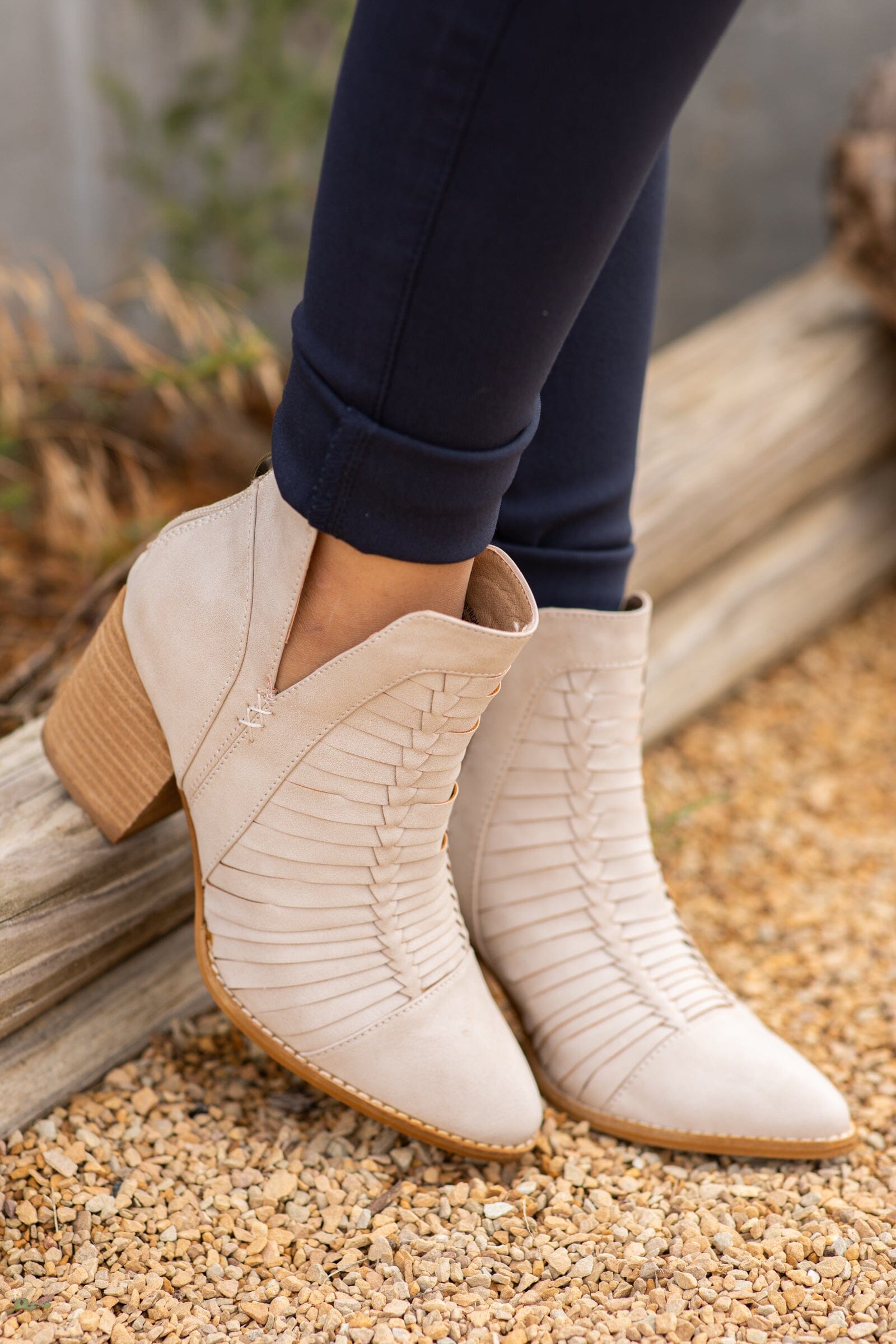 Beige Woven Detail Back Zip Bootie - Filly Flair