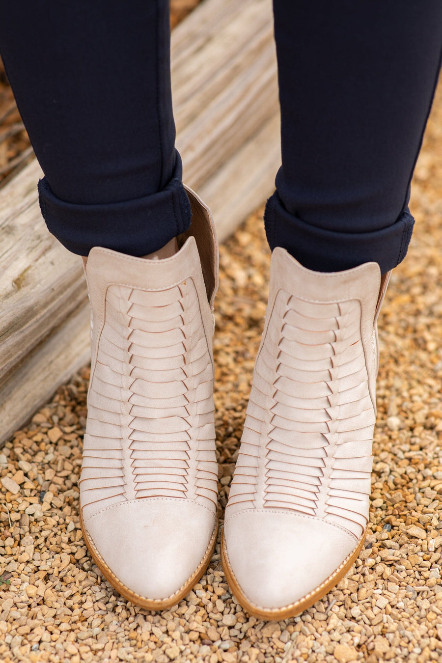 Beige Woven Detail Back Zip Bootie - Filly Flair