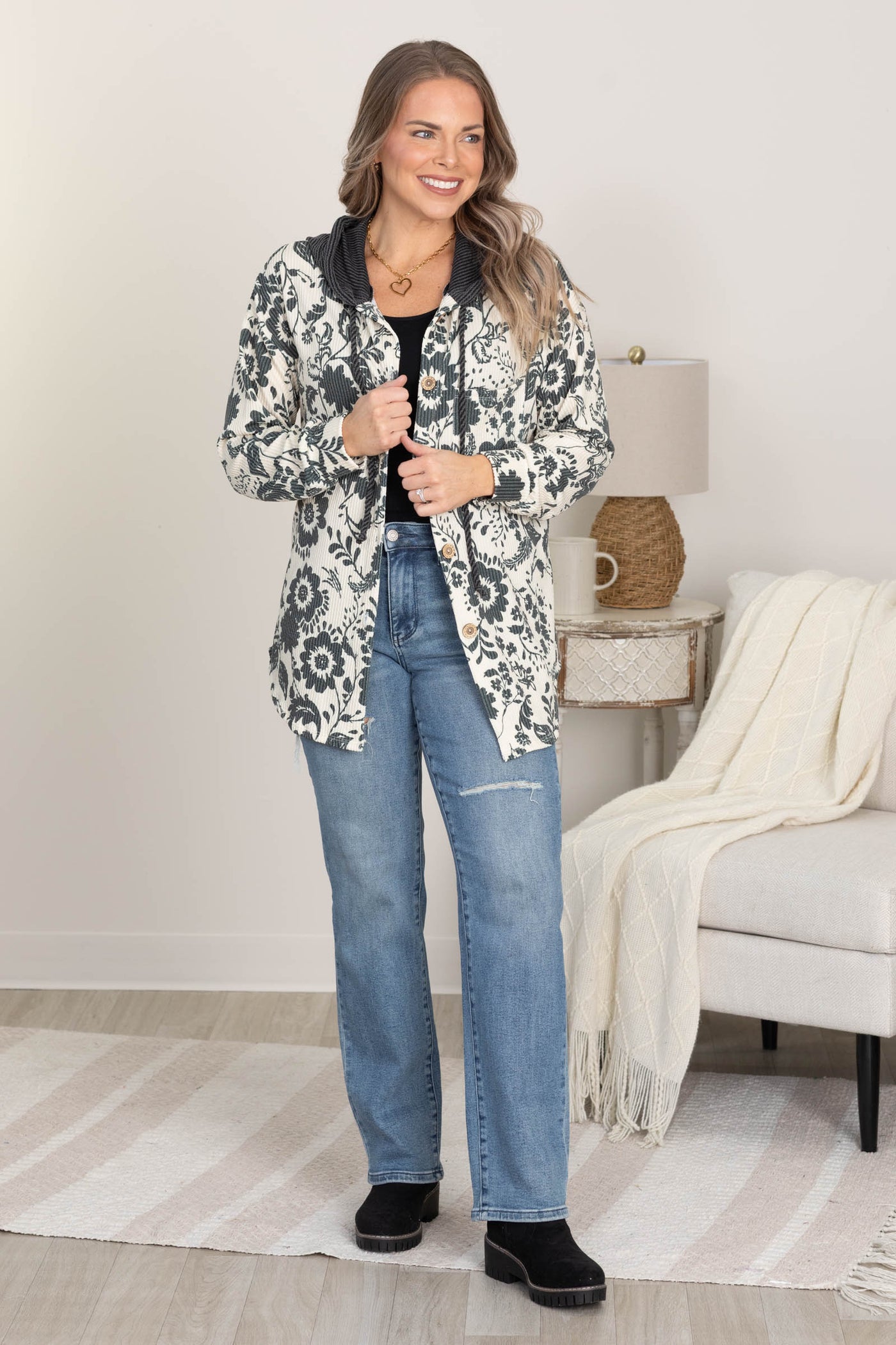 Cream and Charcoal Floral Knit Shacket