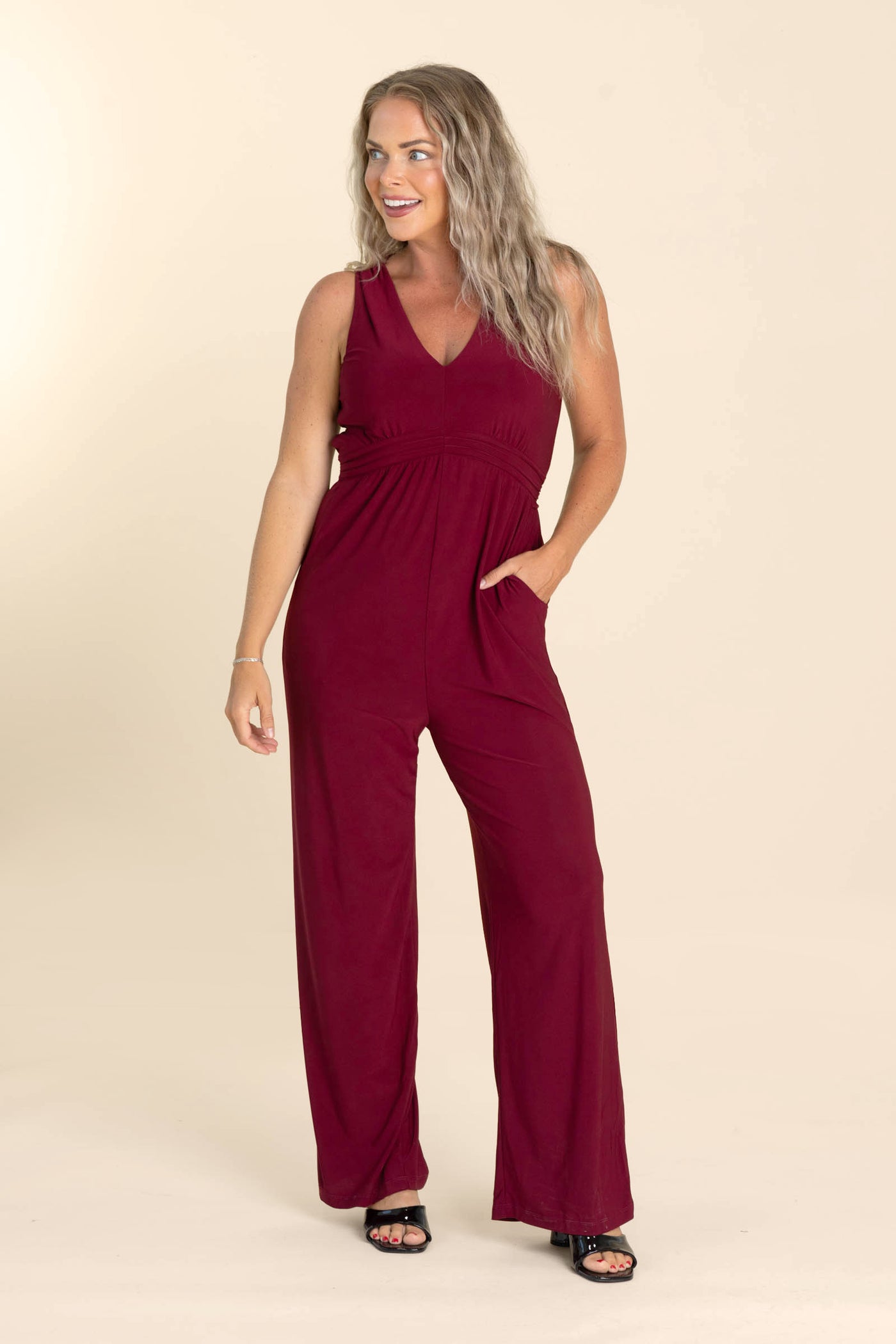 Burgundy V-Neck Sleeveless Back Tie Jumpsuit