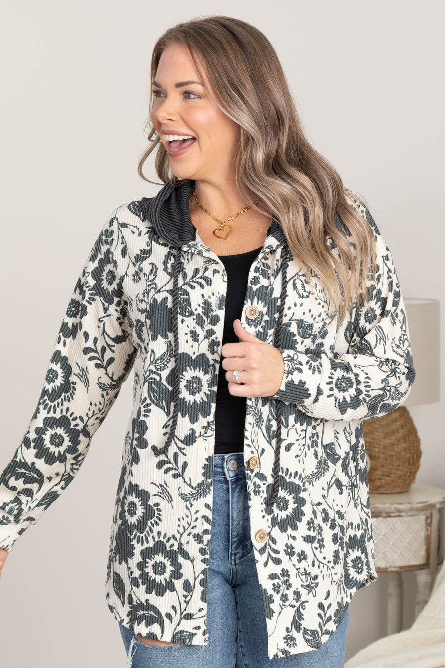 Cream and Charcoal Floral Knit Shacket