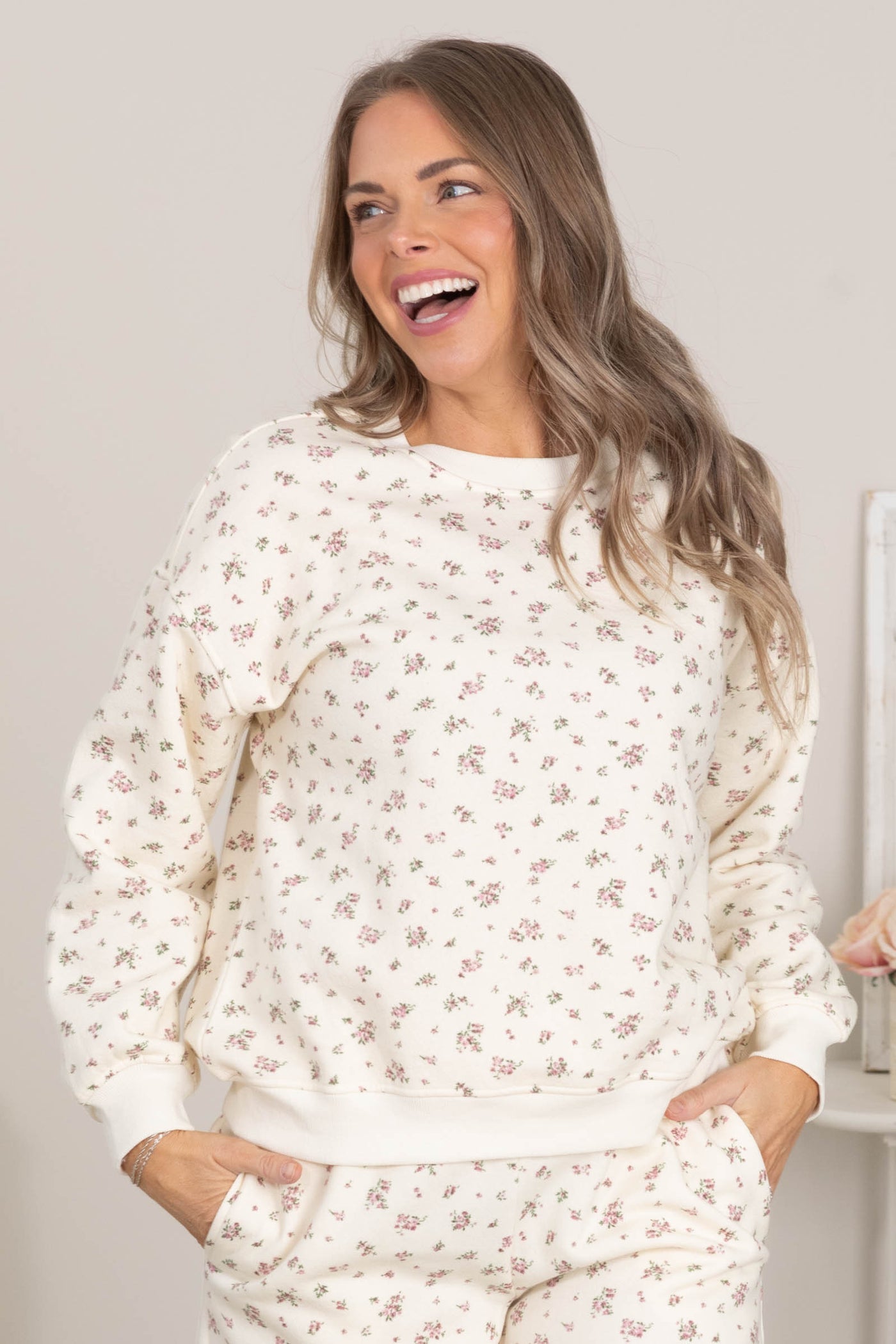 Ivory Floral Print Crewneck