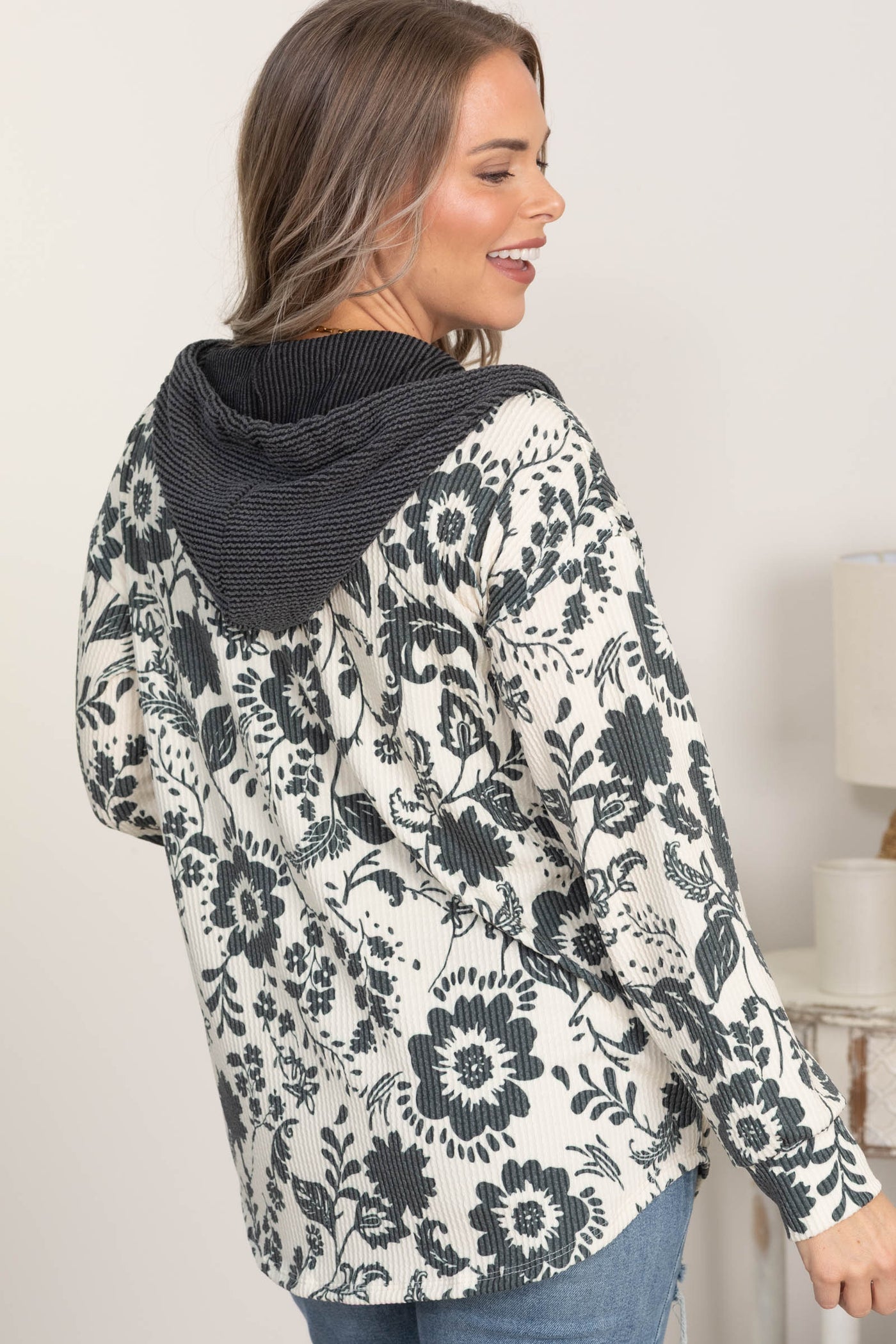 Cream and Charcoal Floral Knit Shacket