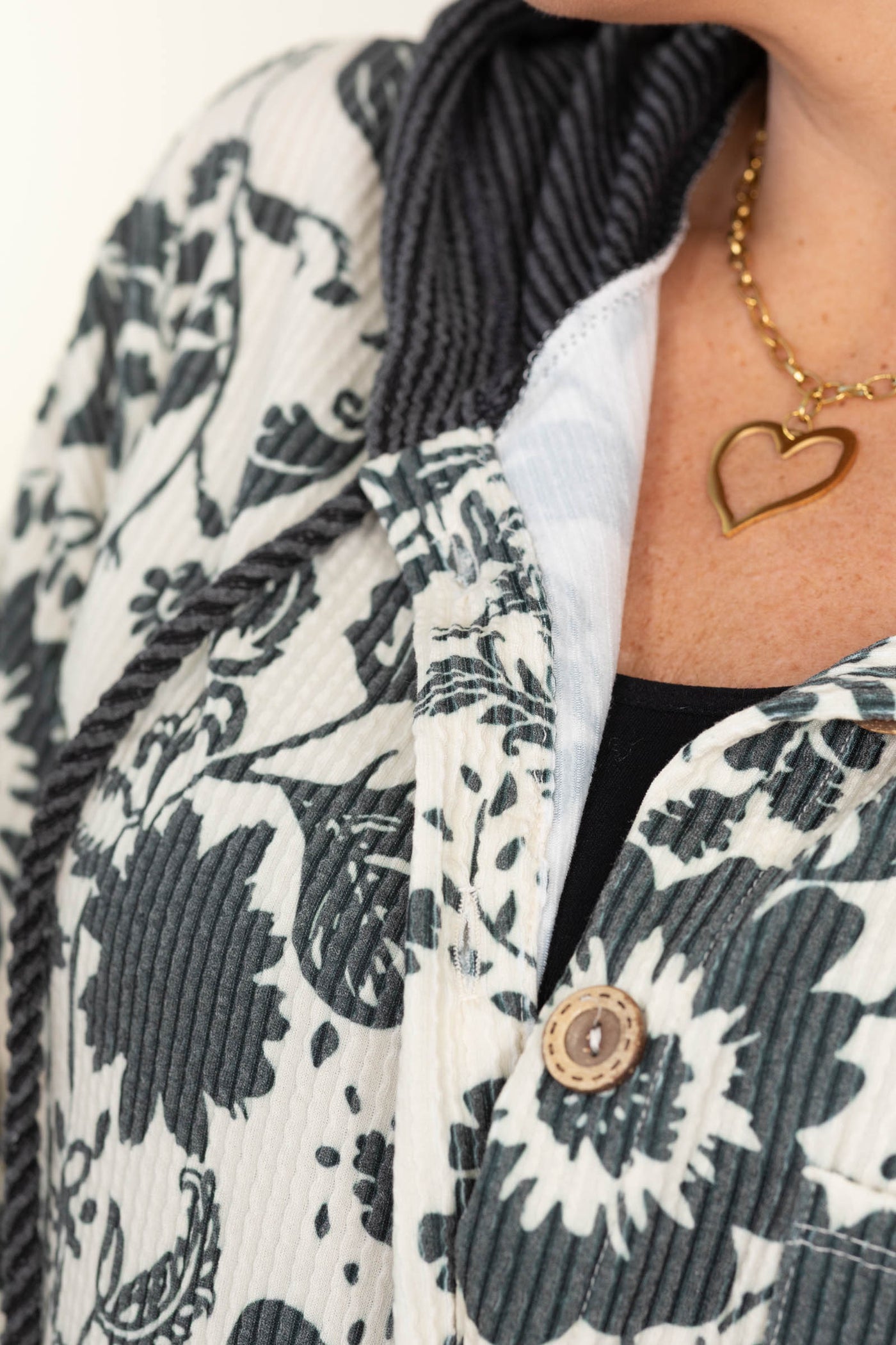 Cream and Charcoal Floral Knit Shacket