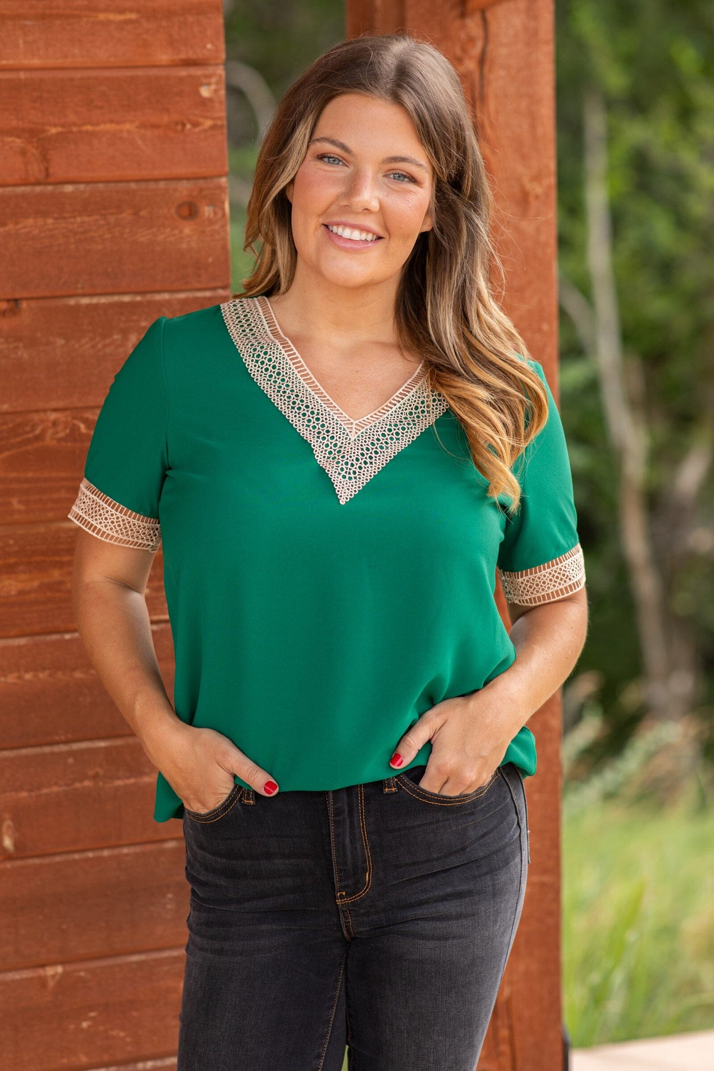 Emerald and Tan Crochet Trim V-Neck Top - Filly Flair