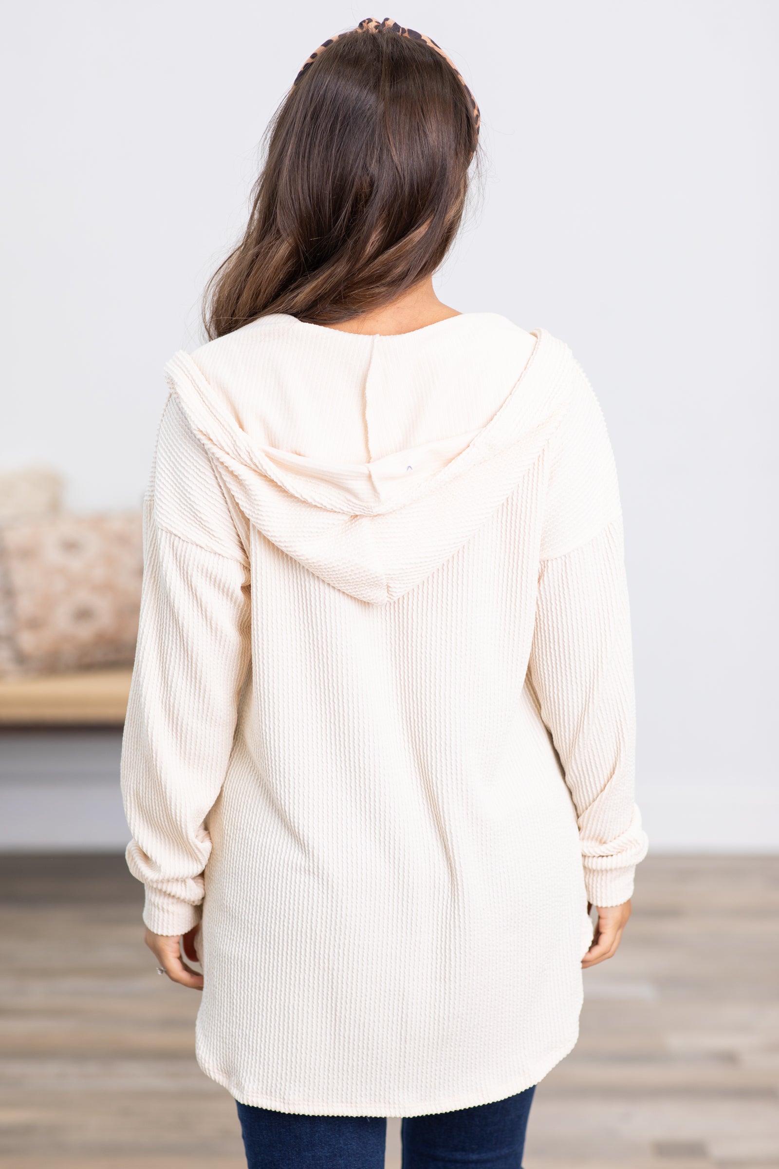 Cream Ribbed Hooded Top