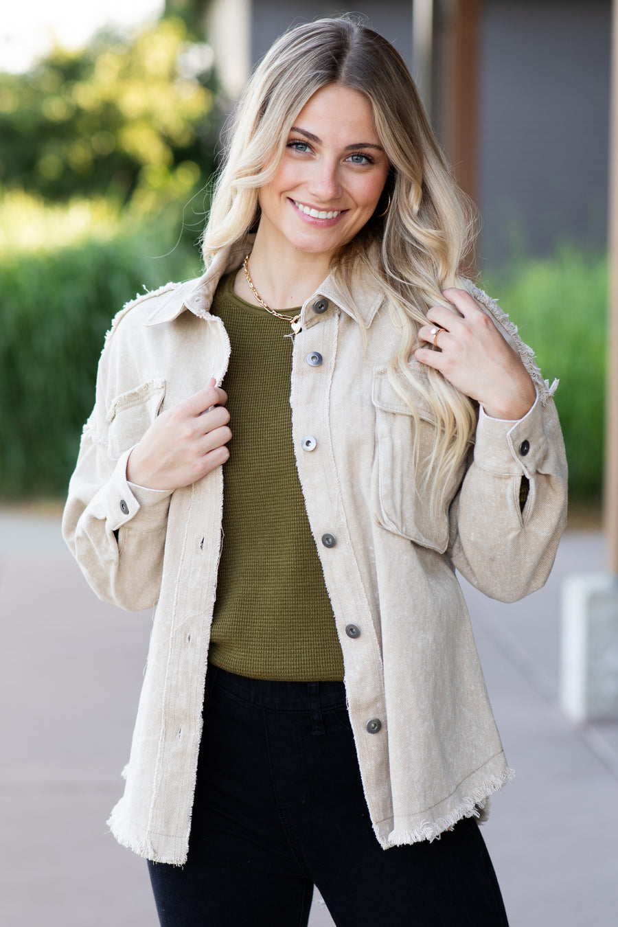 Beige Washed Oversized Denim Jacket