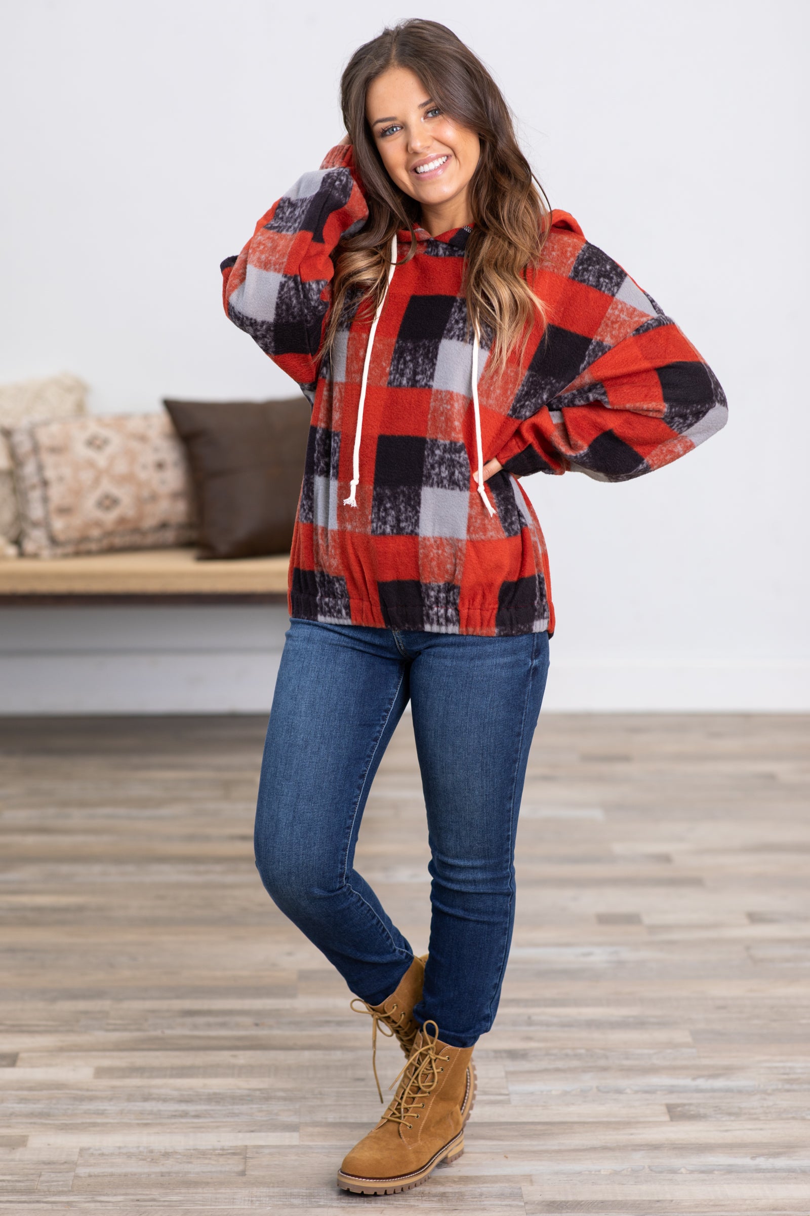 Rust and Black Plaid Fuzzy Hooded Top