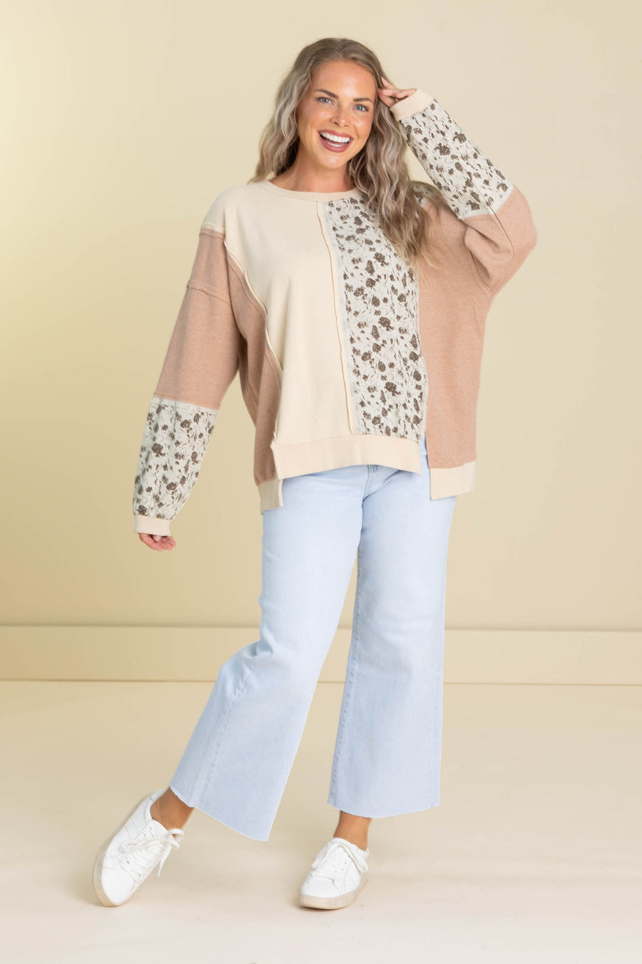 Taupe Floral Print Mix Washed Terry Knit Top