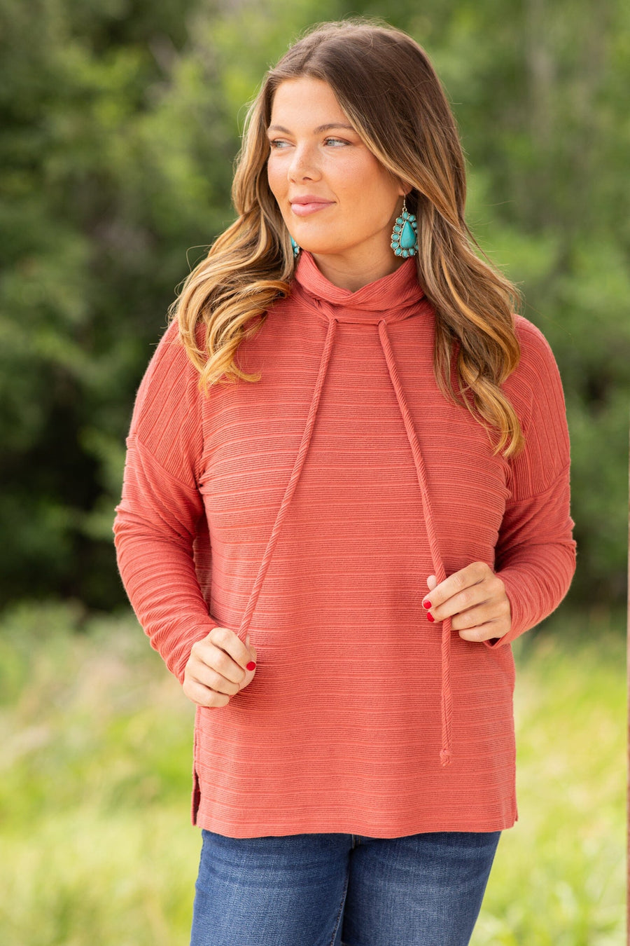 Rust Textured Cowl Neck Top With Side Slit - Filly Flair