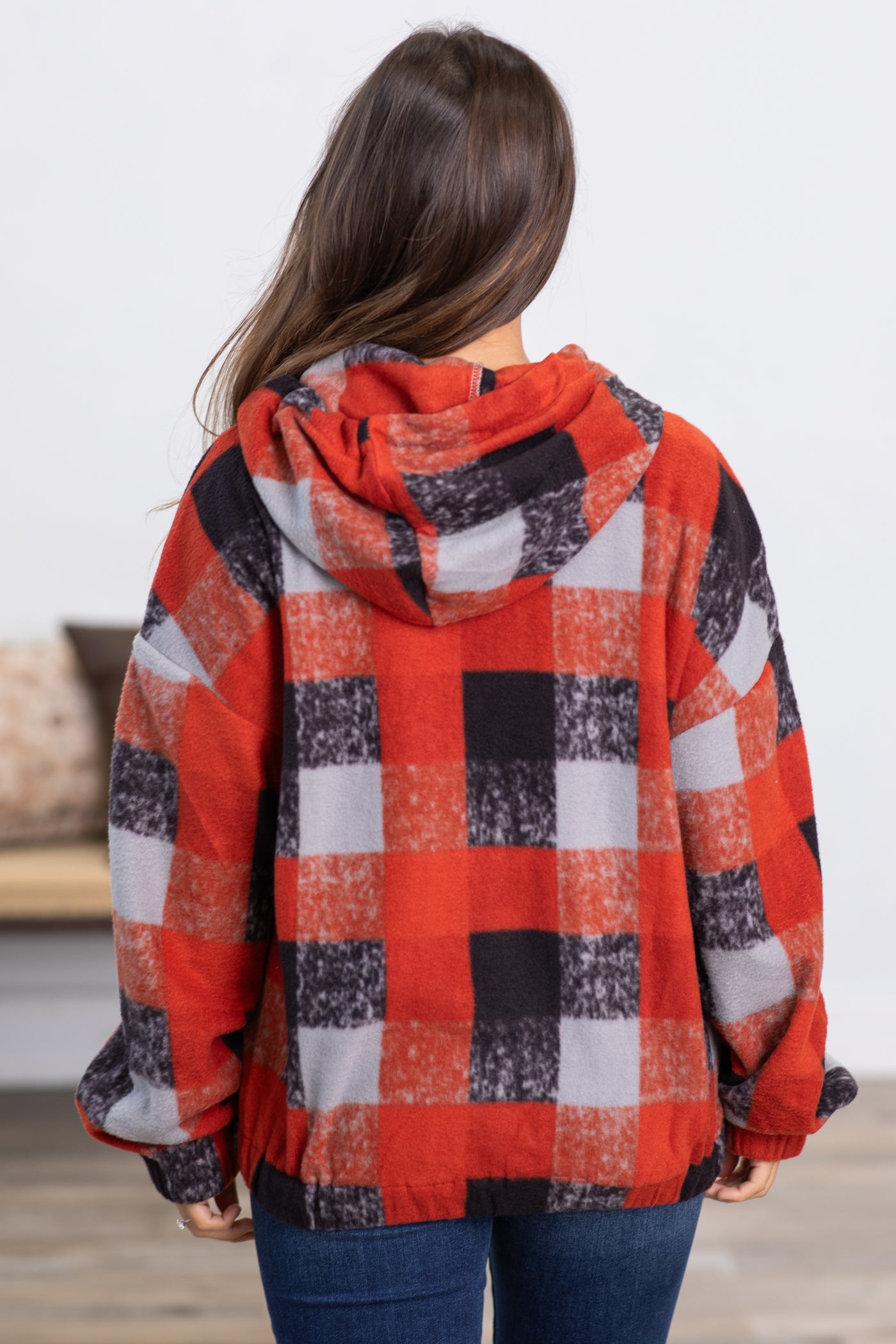Rust and Black Plaid Fuzzy Hooded Top