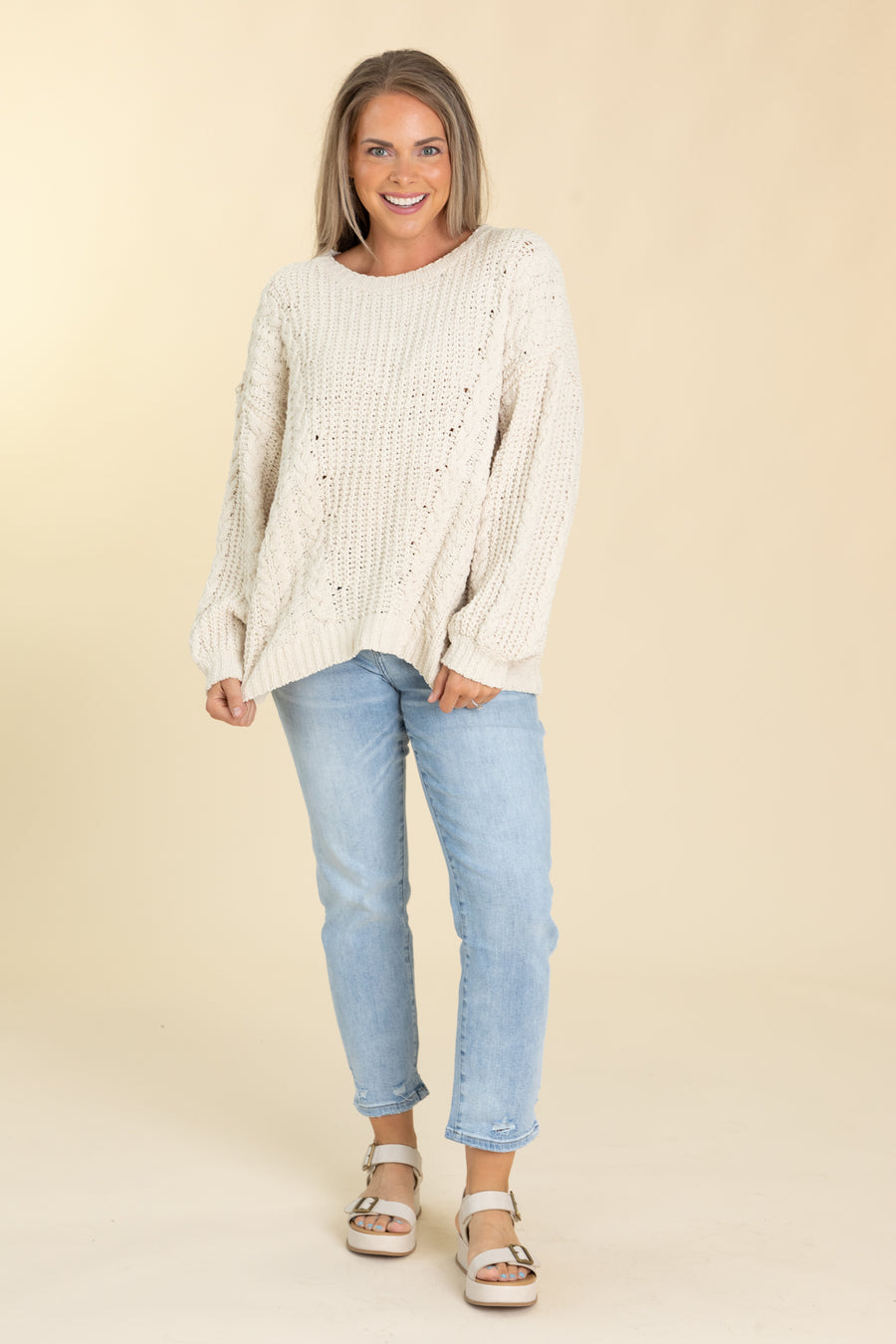 Ivory Oversized Cable Knit Pullover Sweater