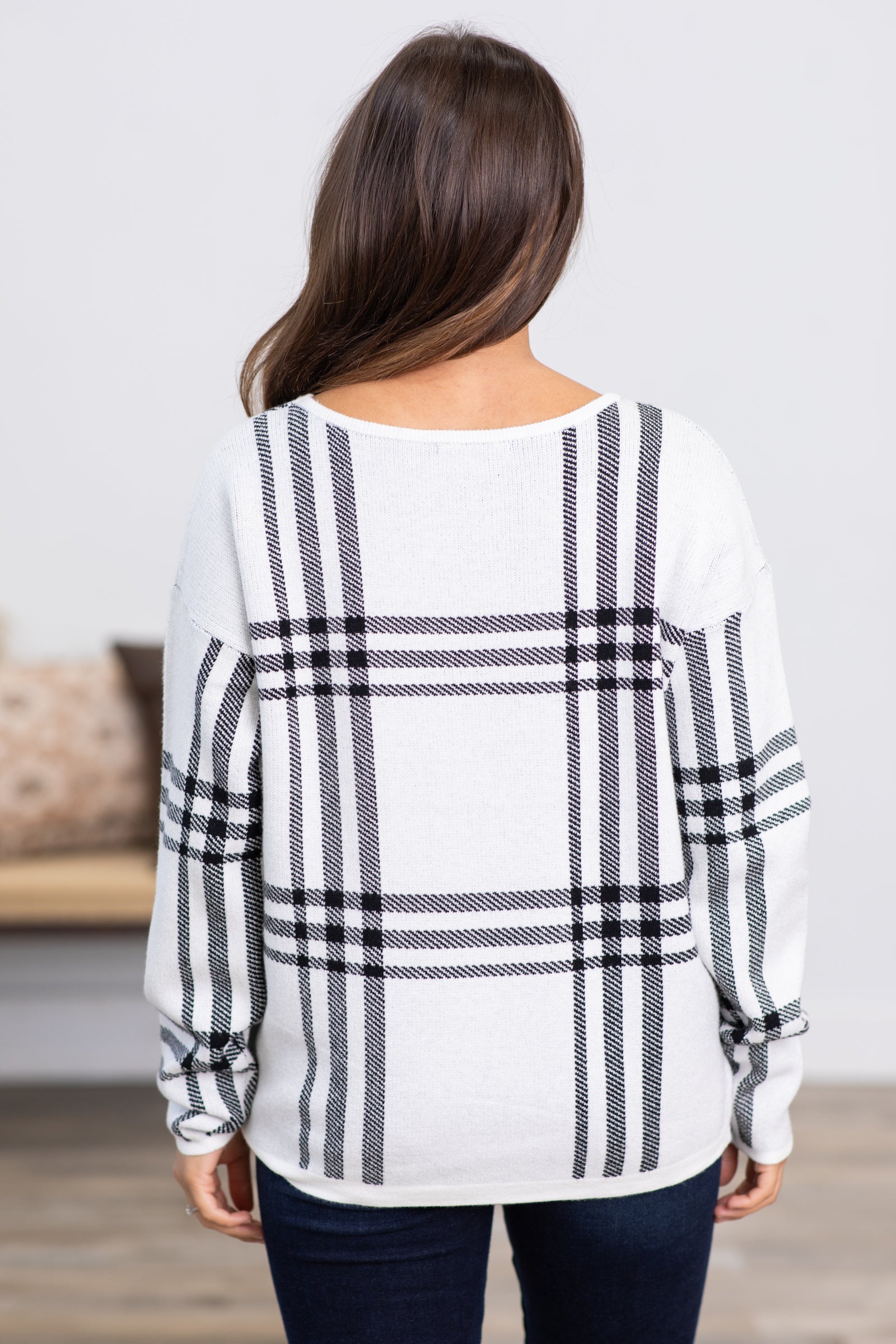 Off White and Black Plaid Sweater