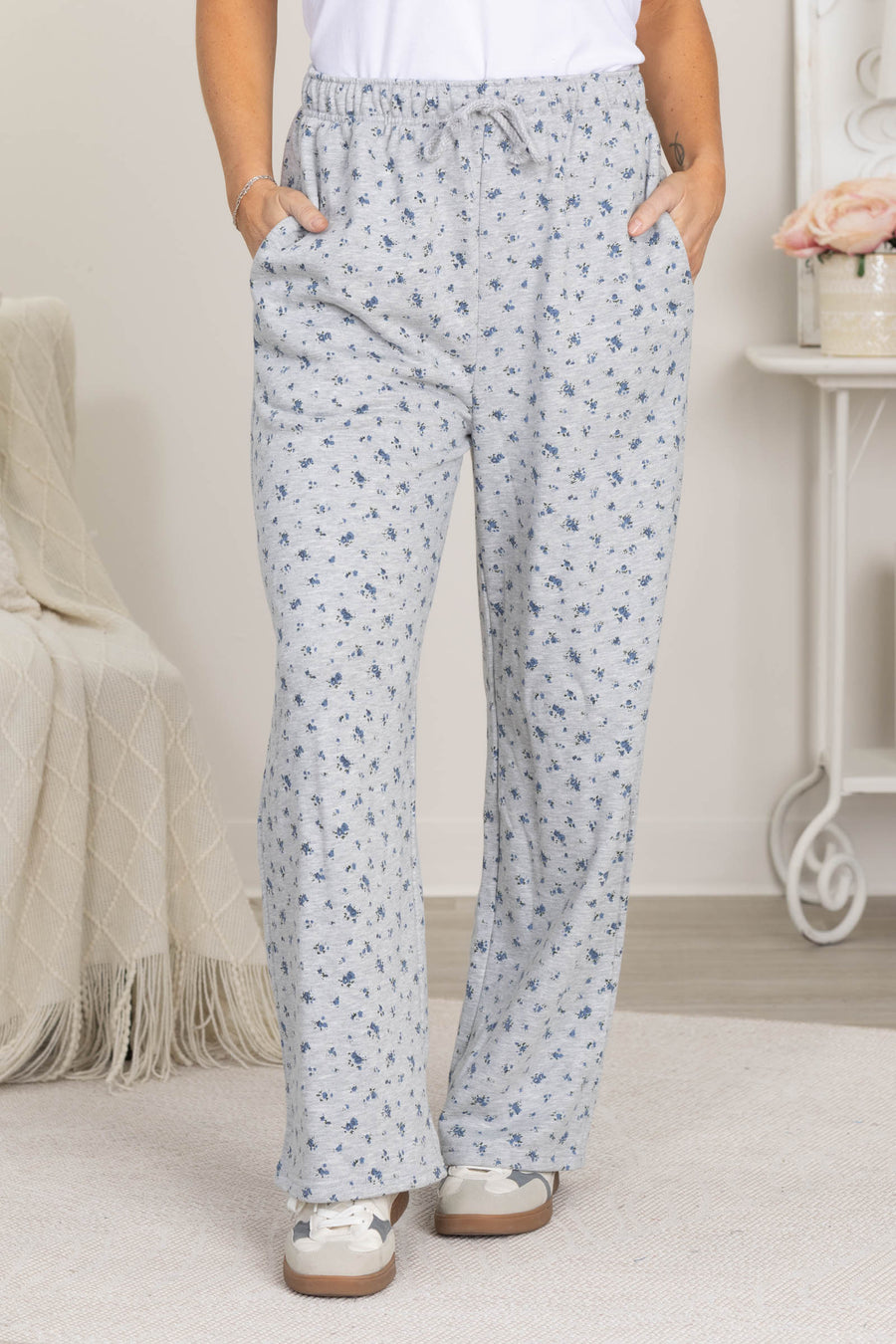 Heather Grey Floral Print Straight Leg Sweatpant