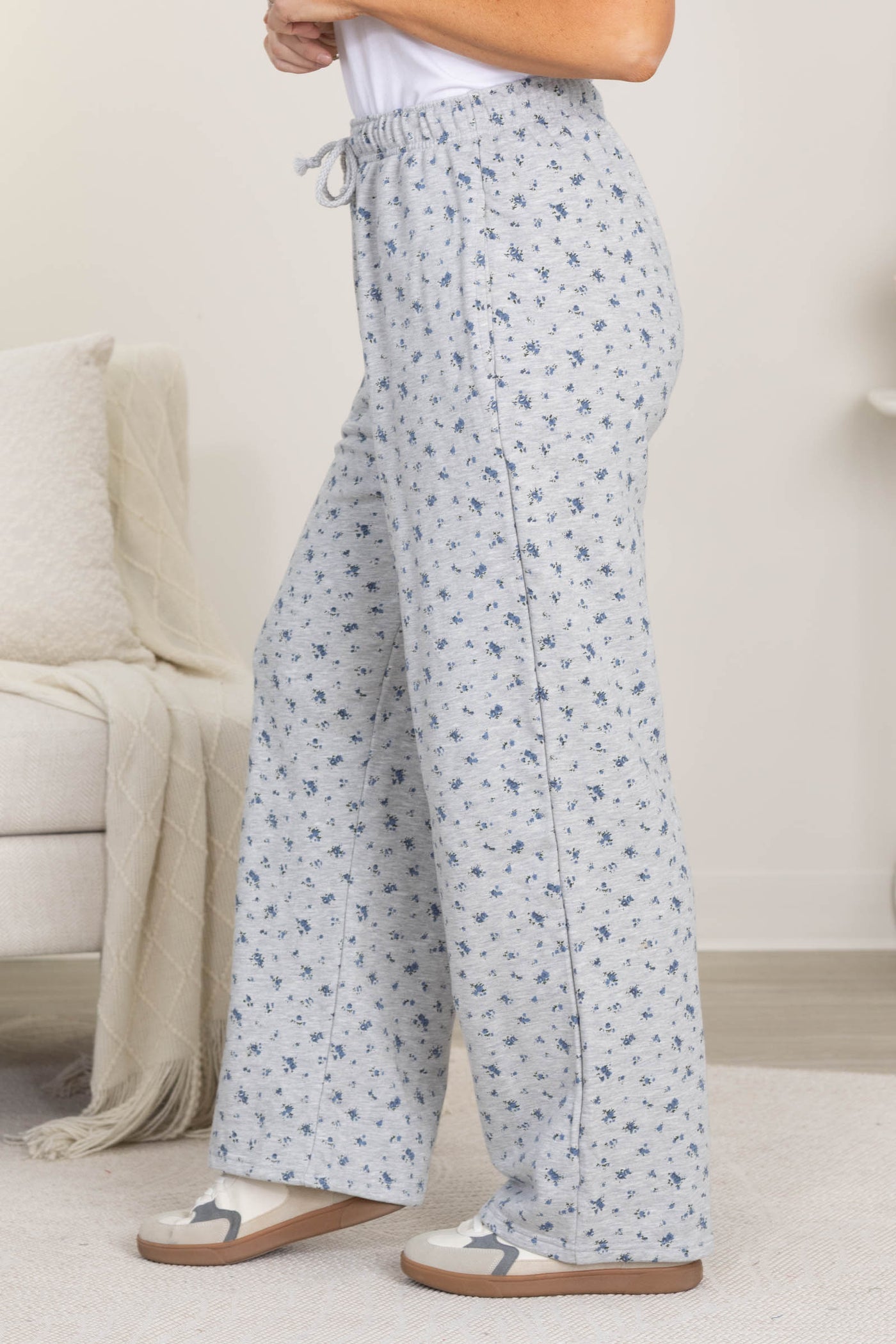 Heather Grey Floral Print Straight Leg Sweatpant