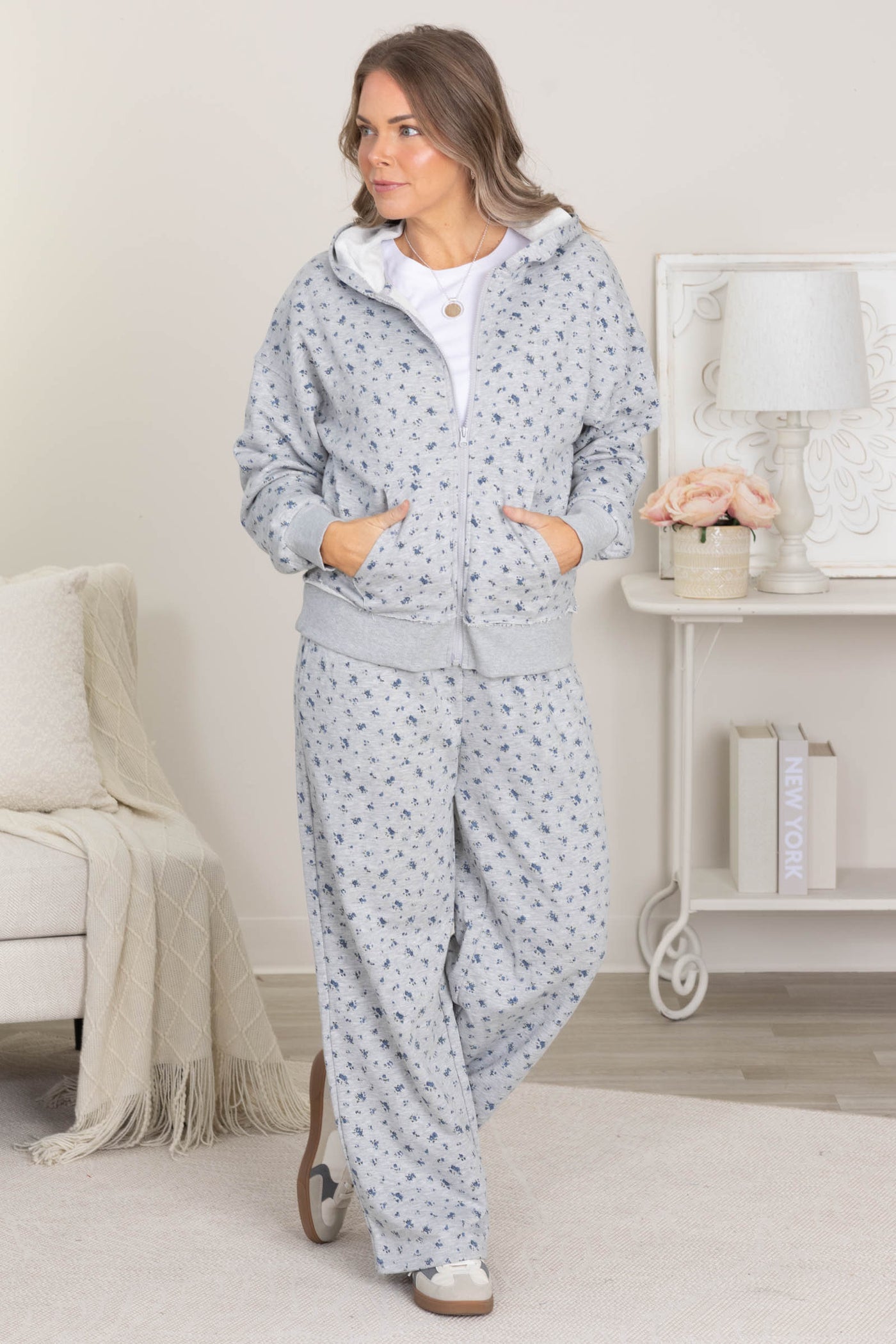 Heather Grey Ditsy Floral Print Full Zip Sweatshirt