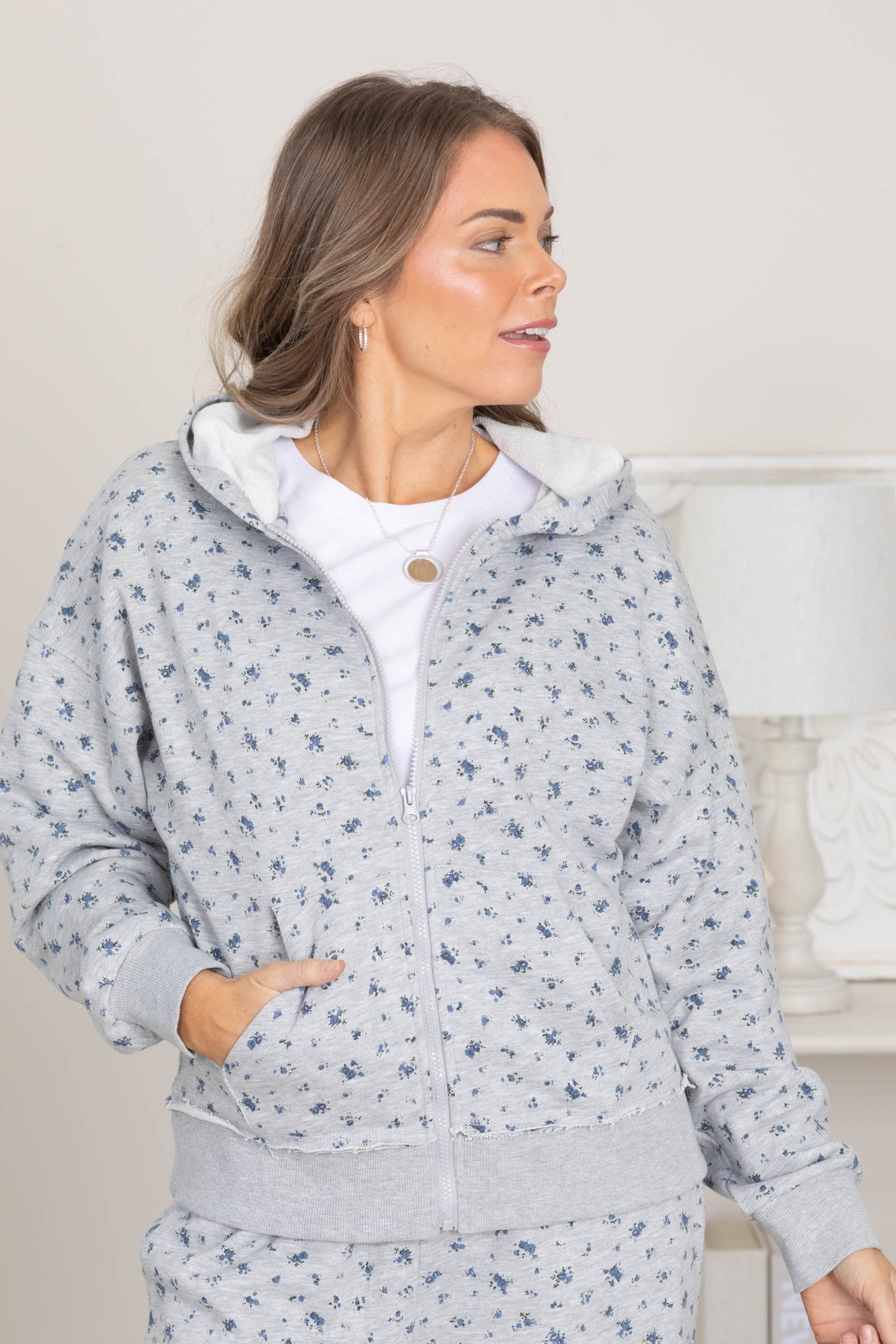 Heather Grey Ditsy Floral Print Full Zip Sweatshirt