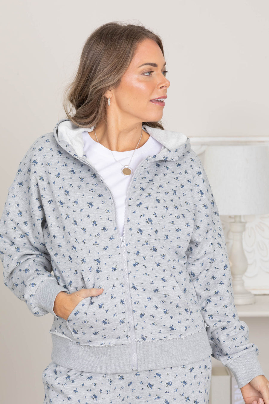 Heather Grey Ditsy Floral Print Full Zip Sweatshirt
