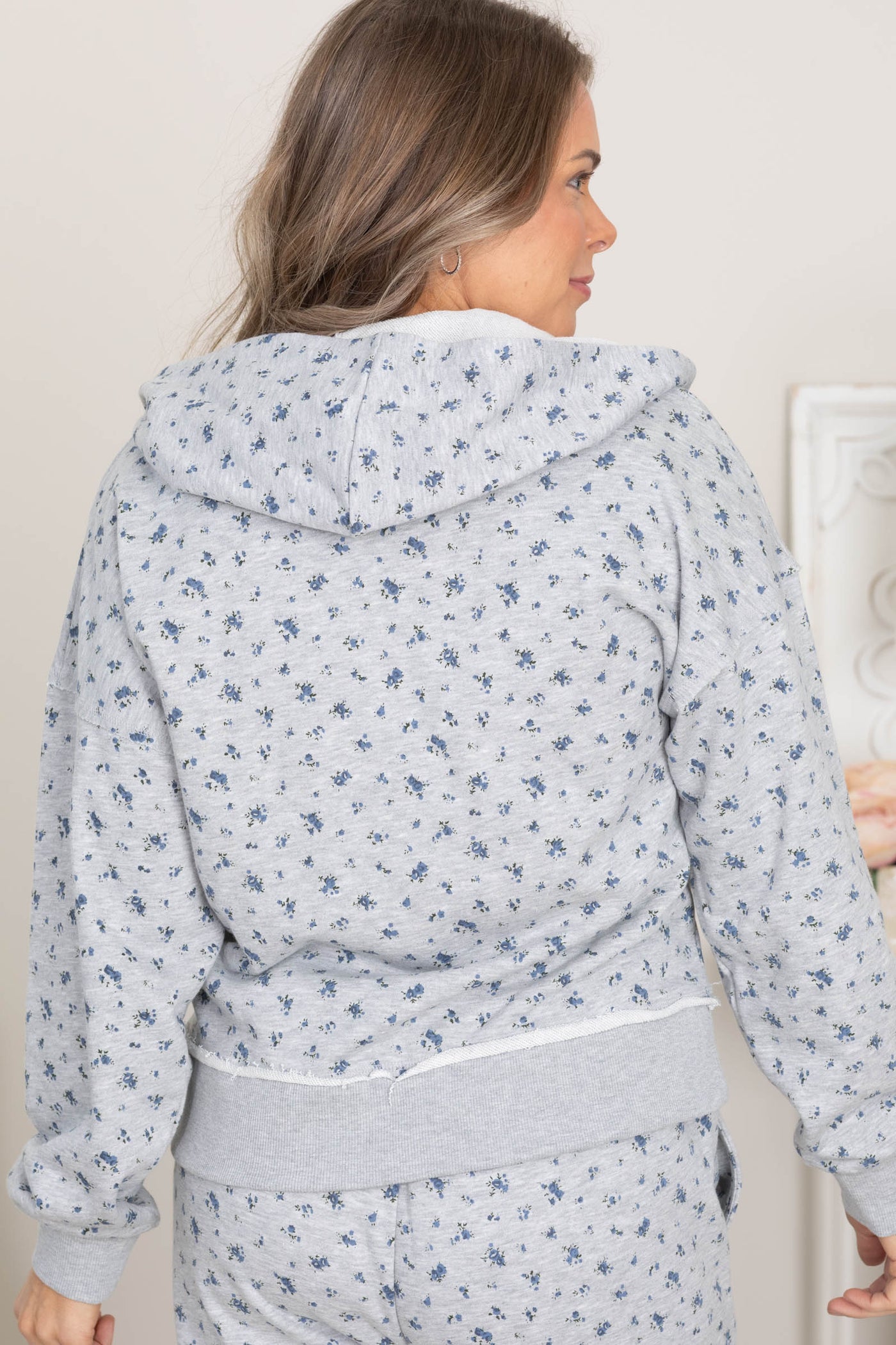Heather Grey Ditsy Floral Print Full Zip Sweatshirt