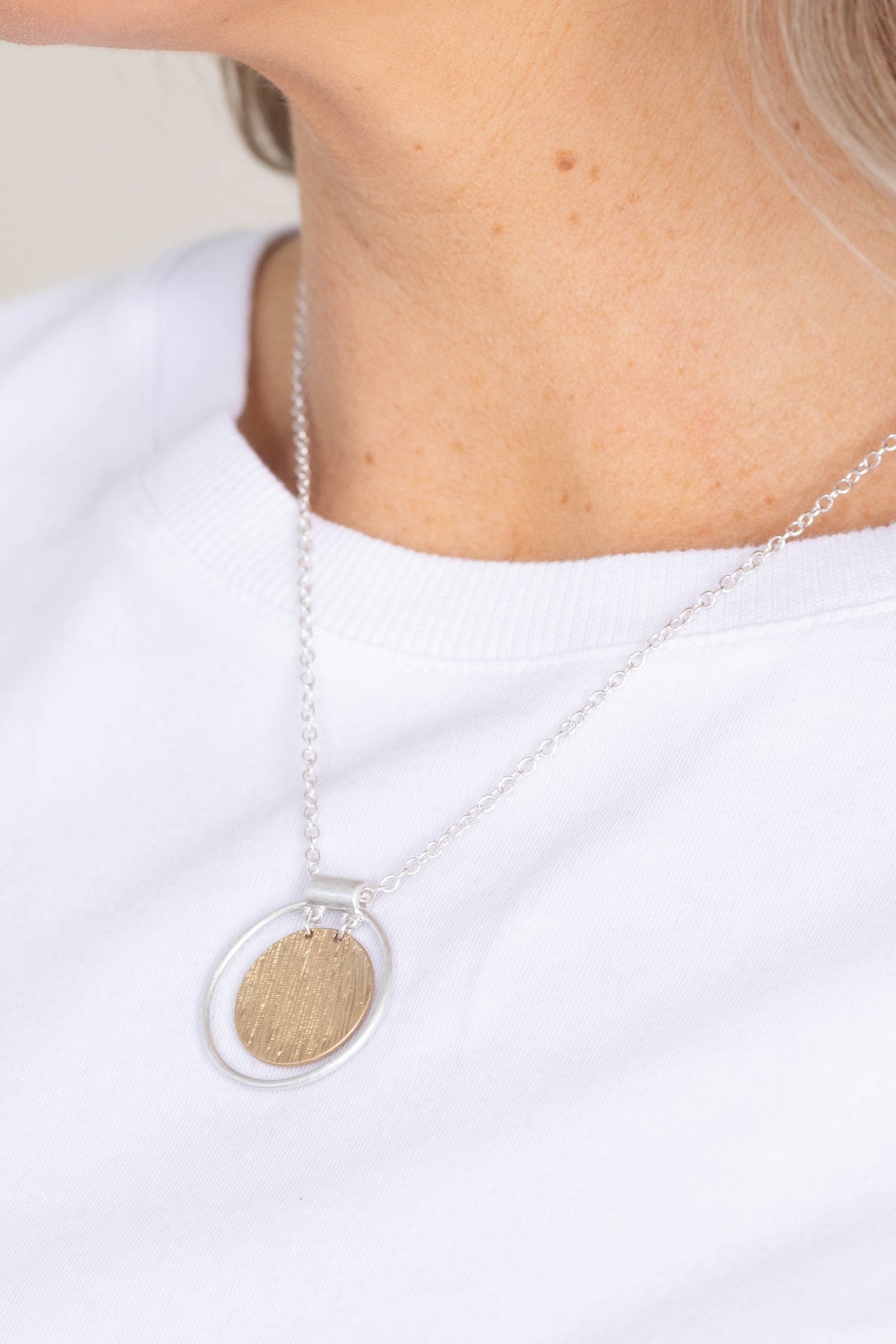 Silver Brushed Double Circle Pendant Necklace