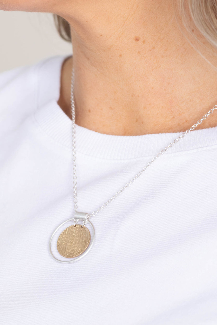 Silver Brushed Double Circle Pendant Necklace