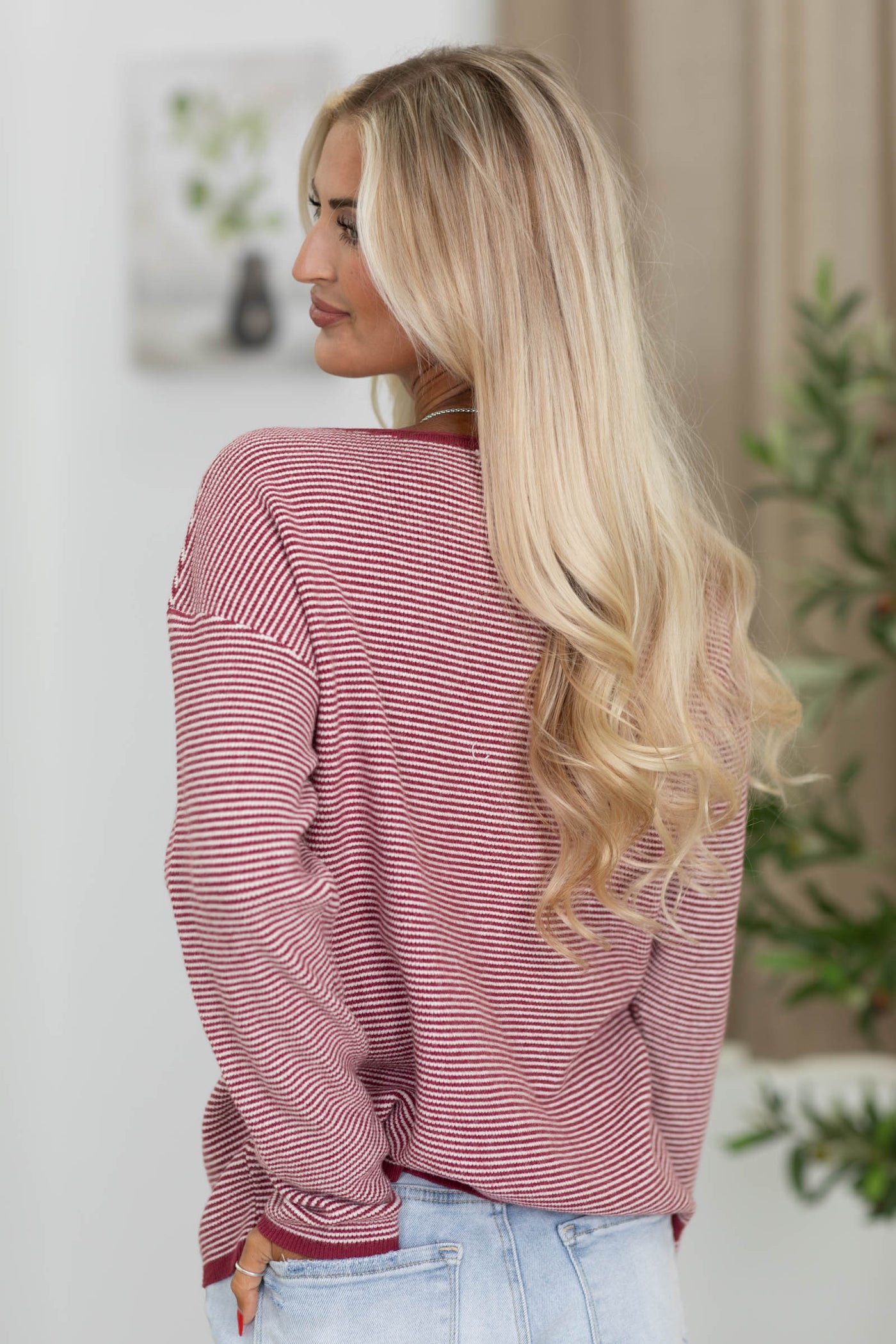 Staccato Waffle Textured Pinstriped Knit Top