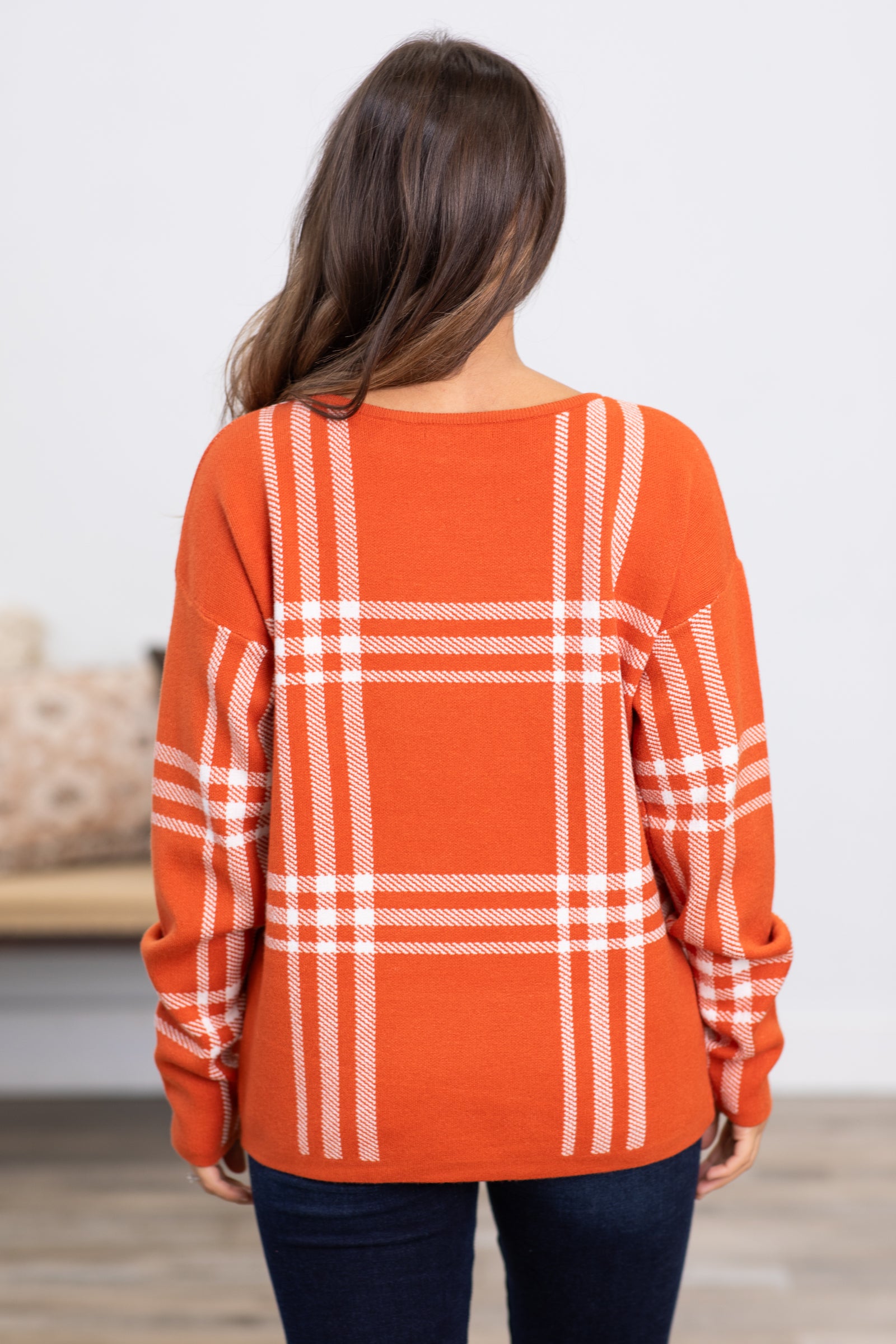 Orange and Off White Plaid Sweater