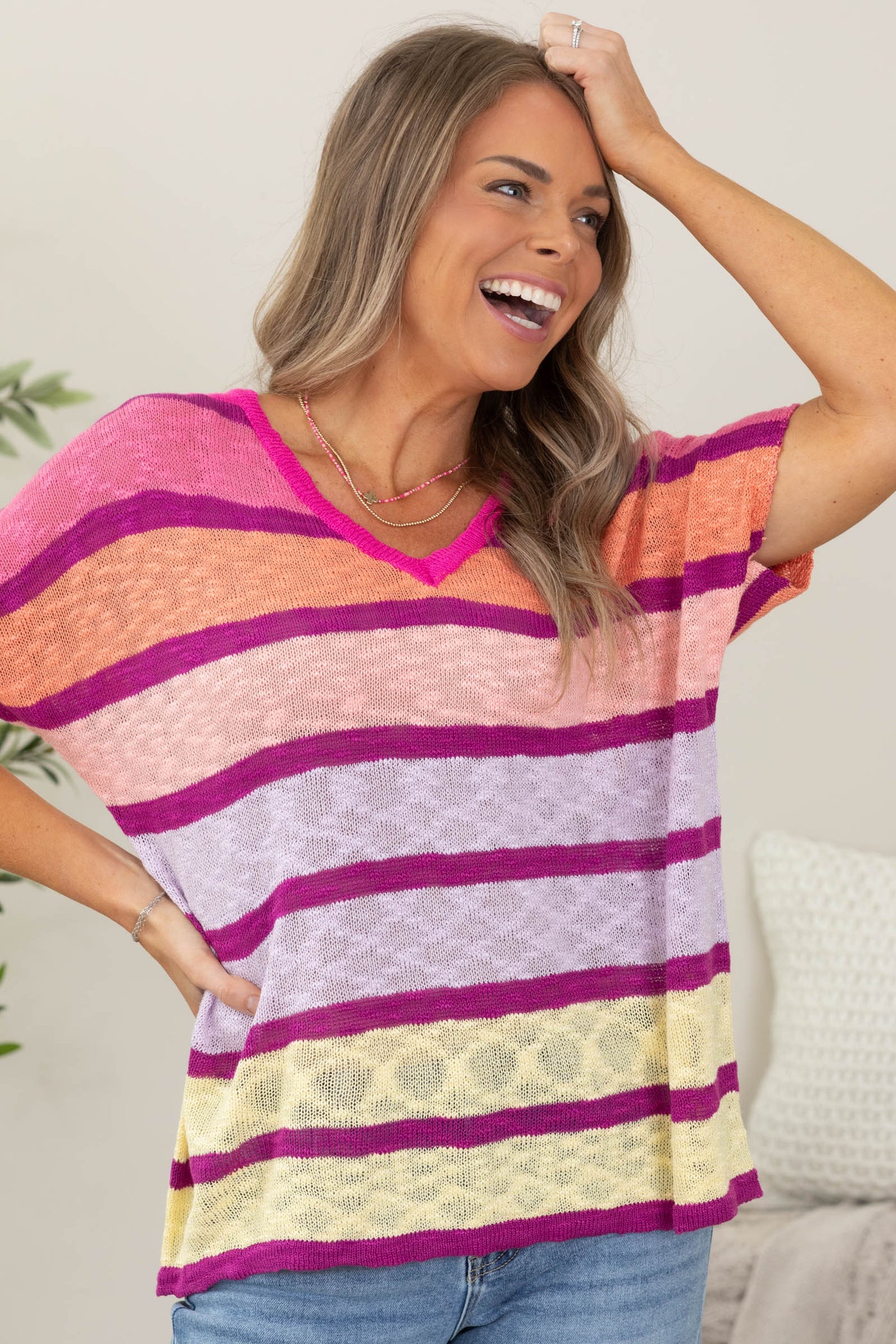 Fuchsia Multicolor V-Neck Striped Knit Top