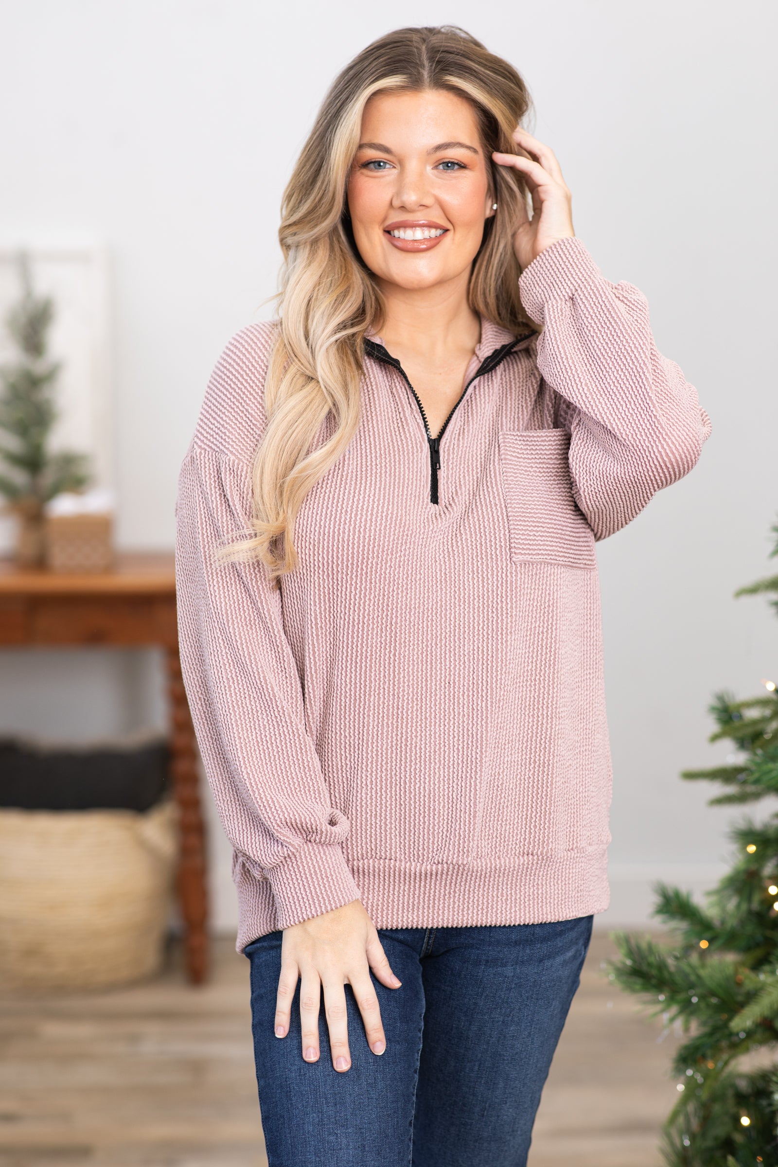 Dusty Rose Ribbed 1/4 Zip Pulover