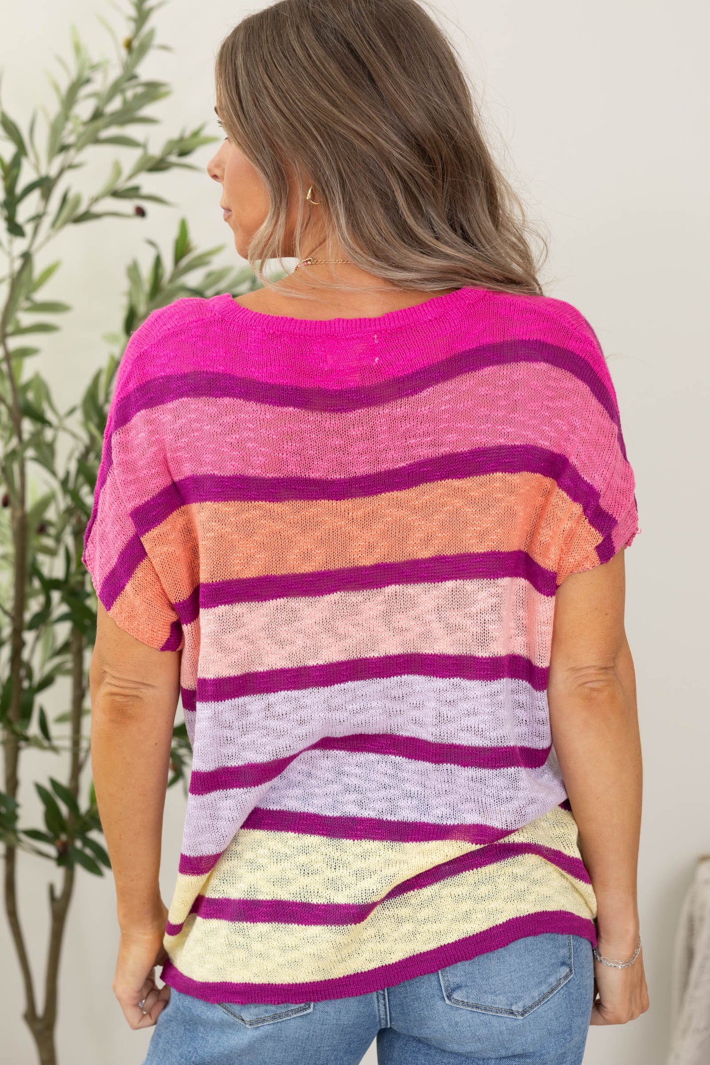 Fuchsia Multicolor V-Neck Striped Knit Top
