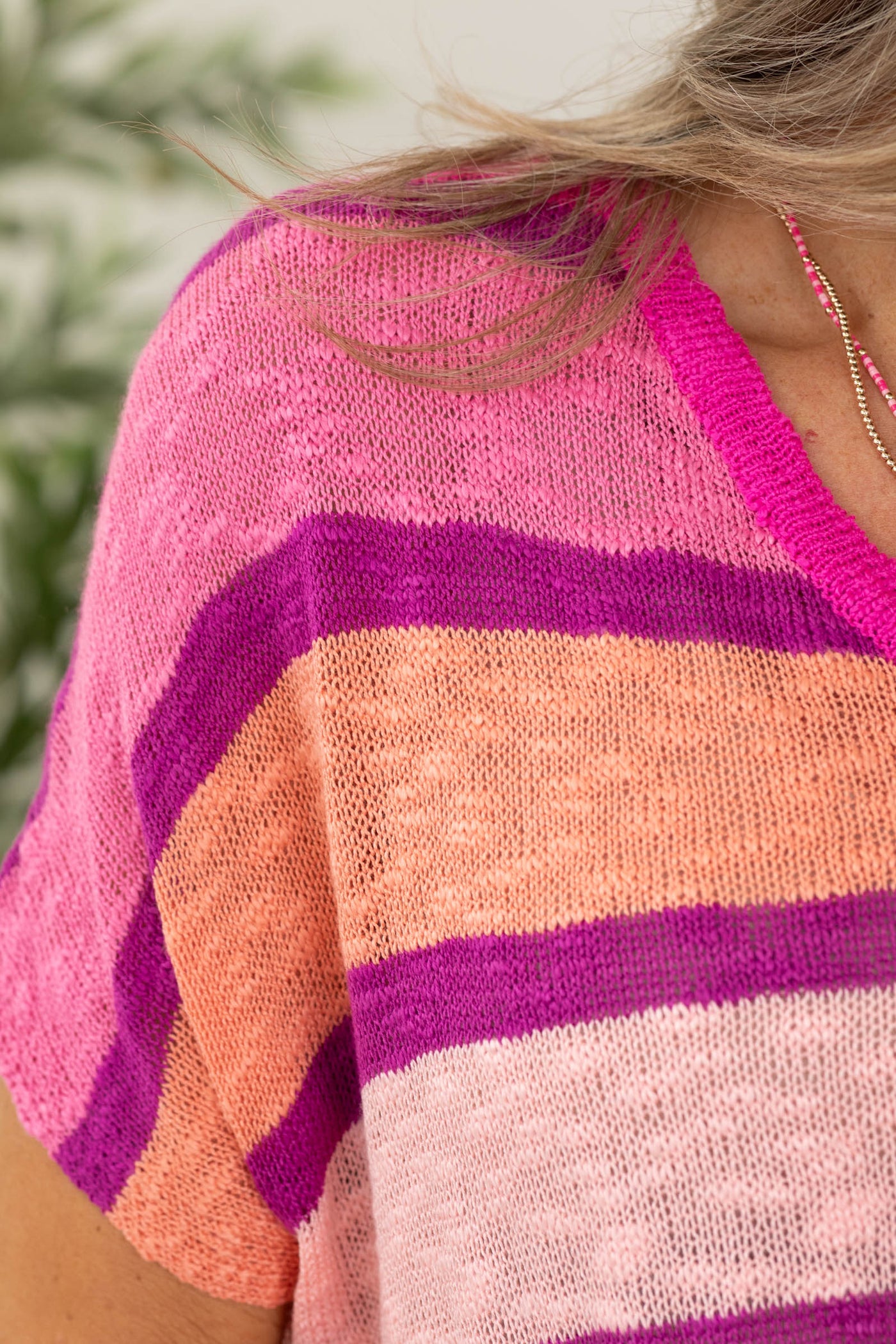 Fuchsia Multicolor V-Neck Striped Knit Top