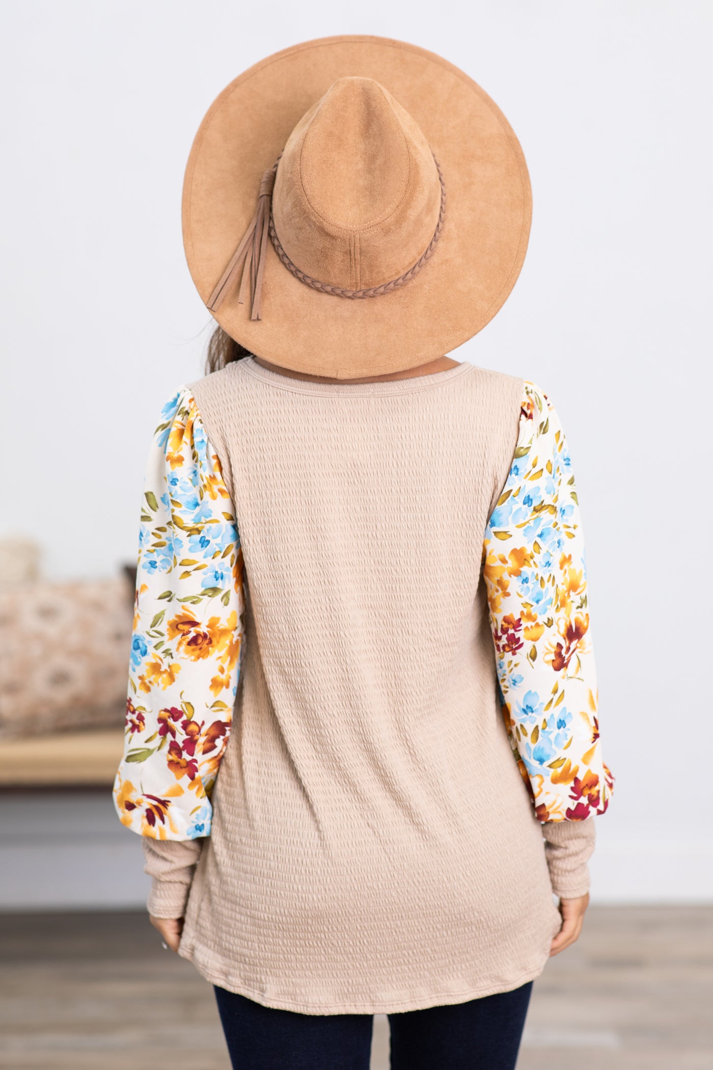 Tan Top With Floral Balloon Sleeves