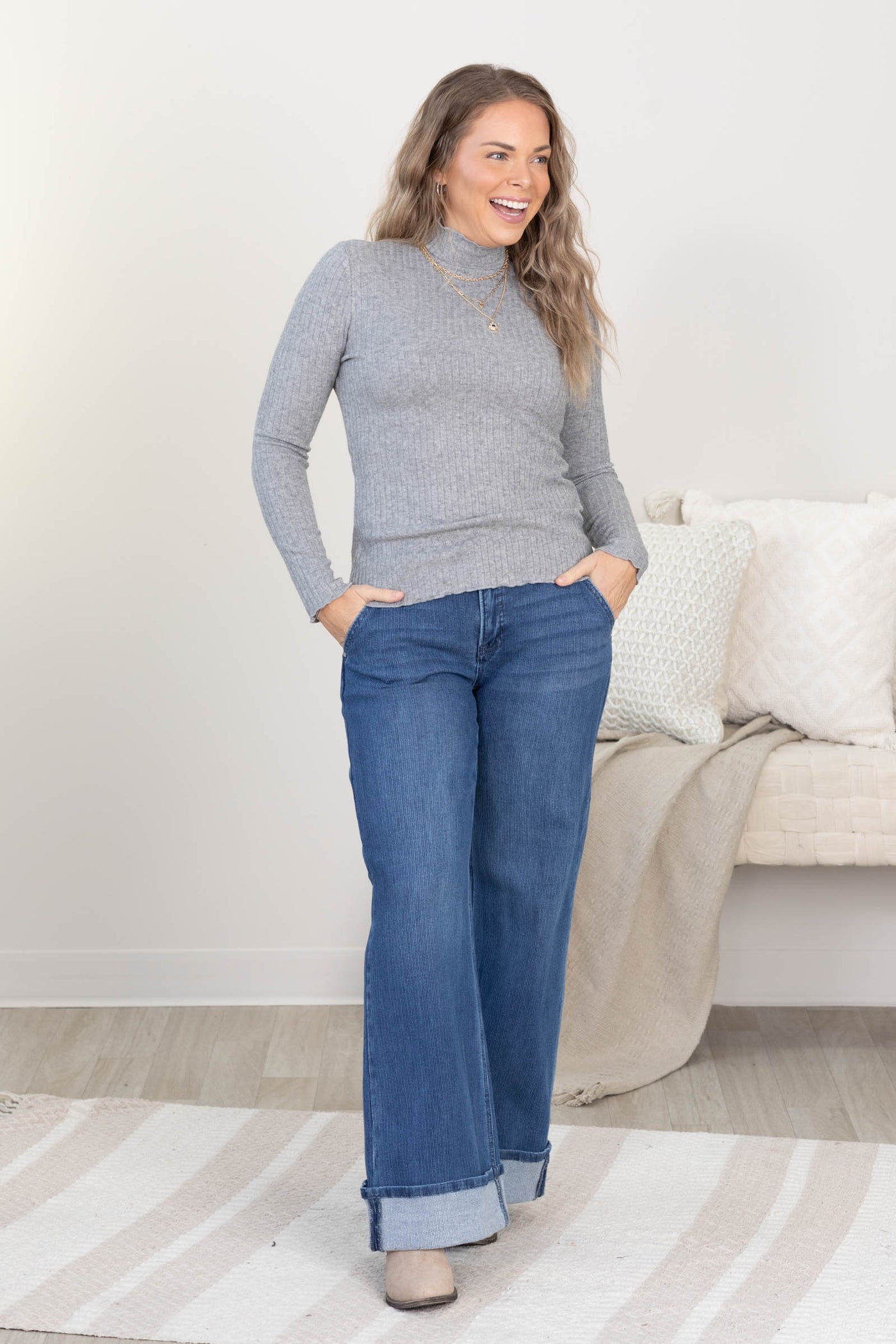 Heather Grey Mock Neck Lettuce Hem Knit Top