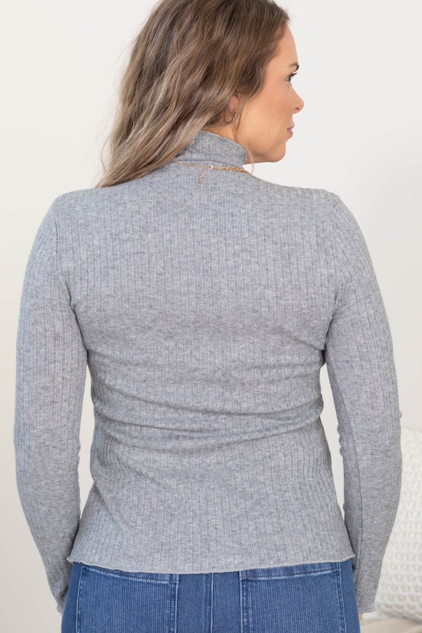 Heather Grey Mock Neck Lettuce Hem Knit Top