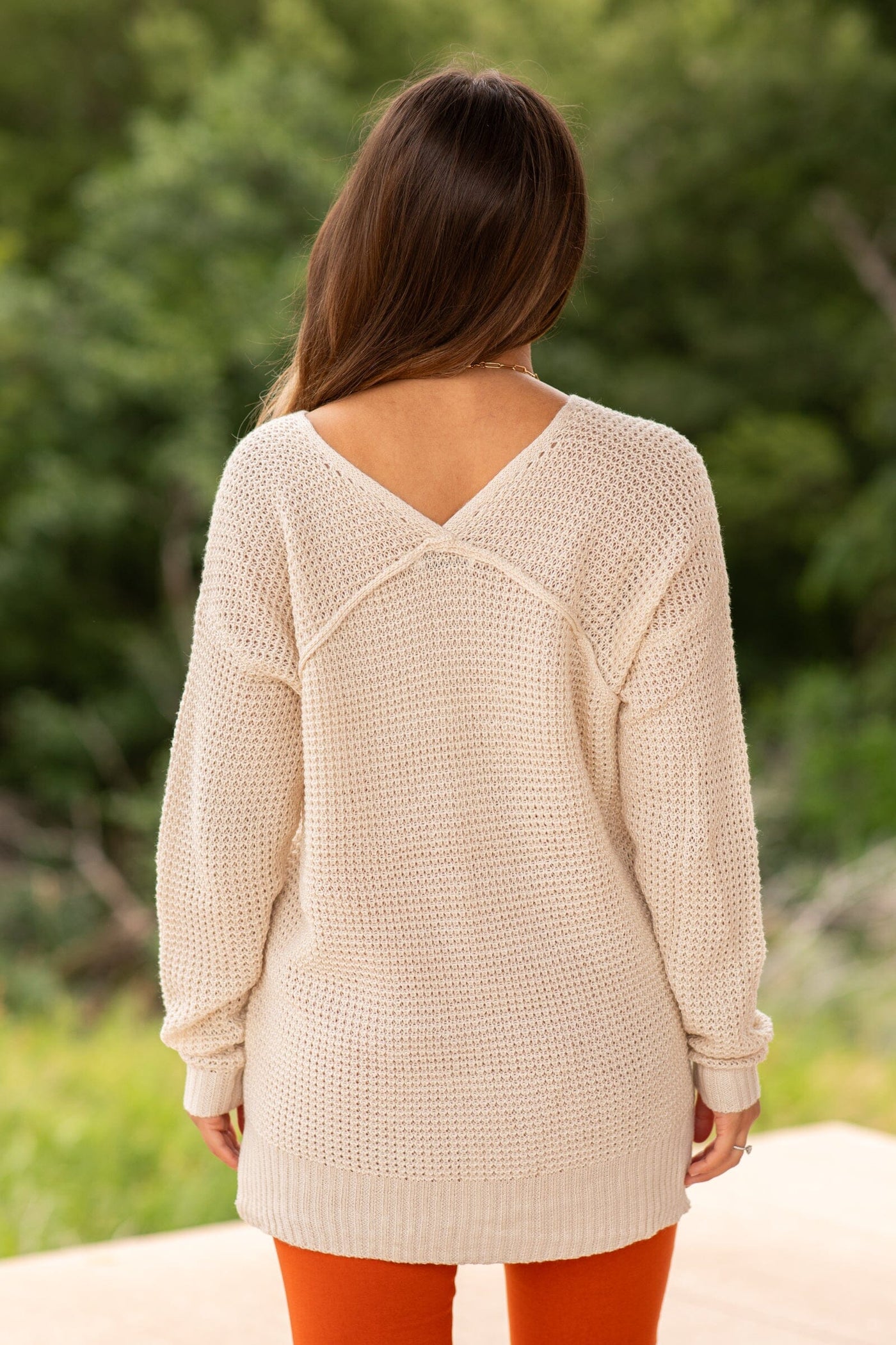 Beige V-Neck Waffle Knit Sweater With Seam - Filly Flair