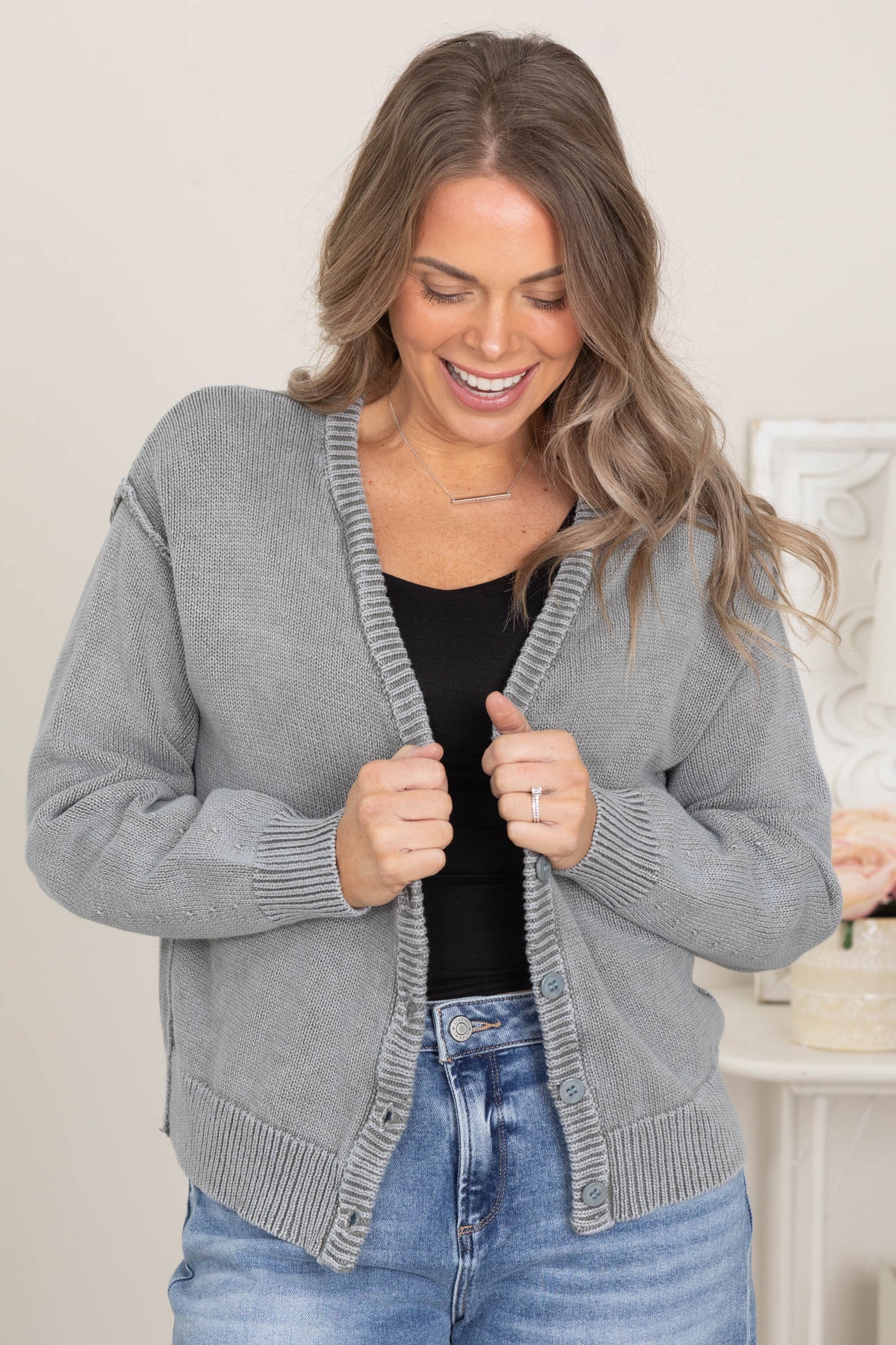 Vintage Grey Washed Sweater V-Neck Cardigan