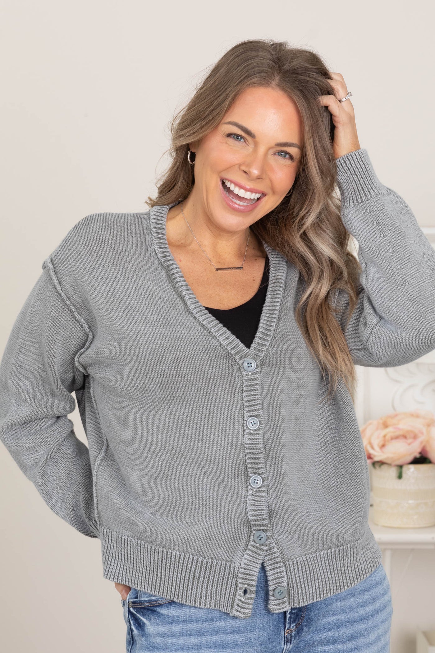 Vintage Grey Washed Sweater V-Neck Cardigan