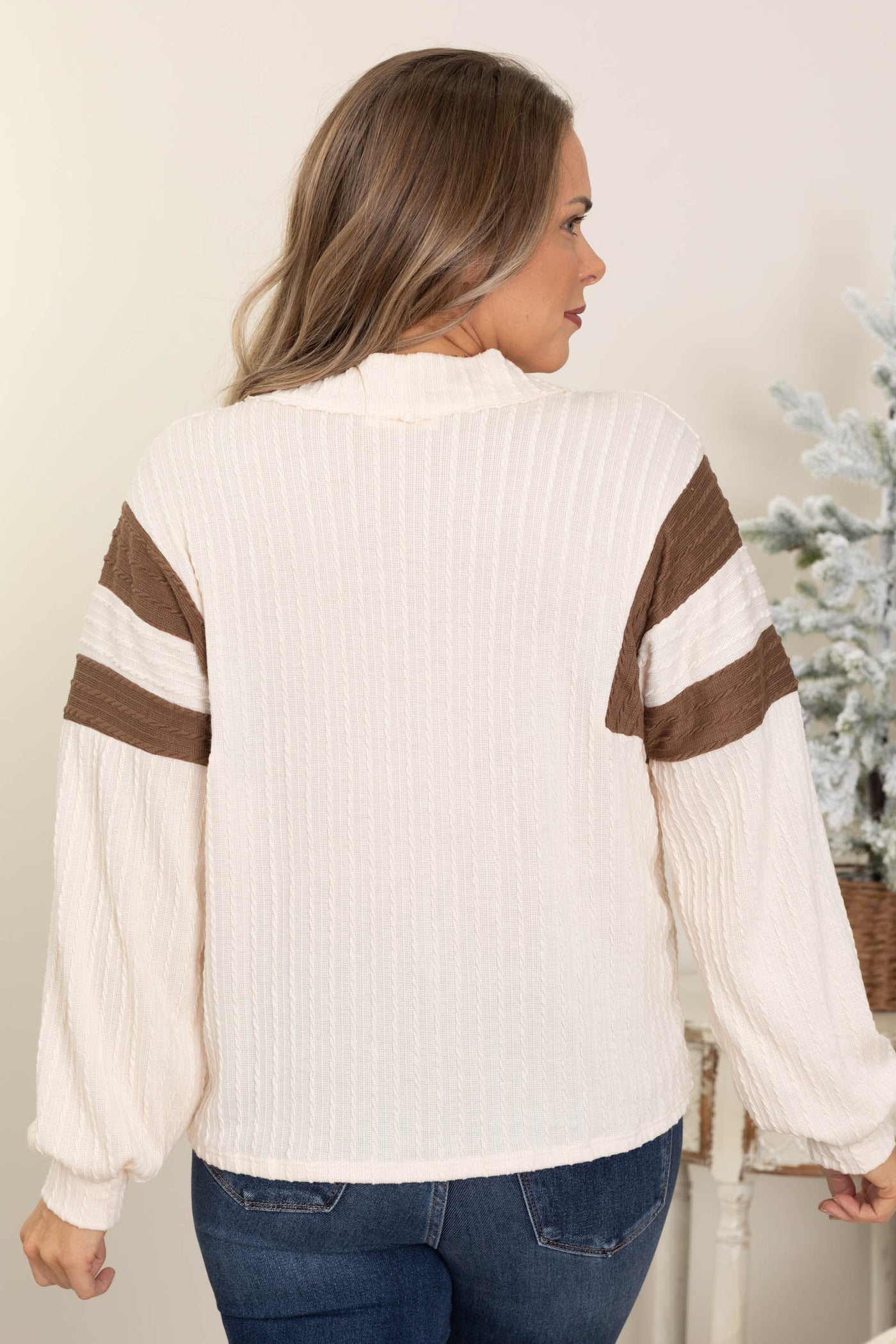 Cream Stripe Textured V-Neck Knit Top