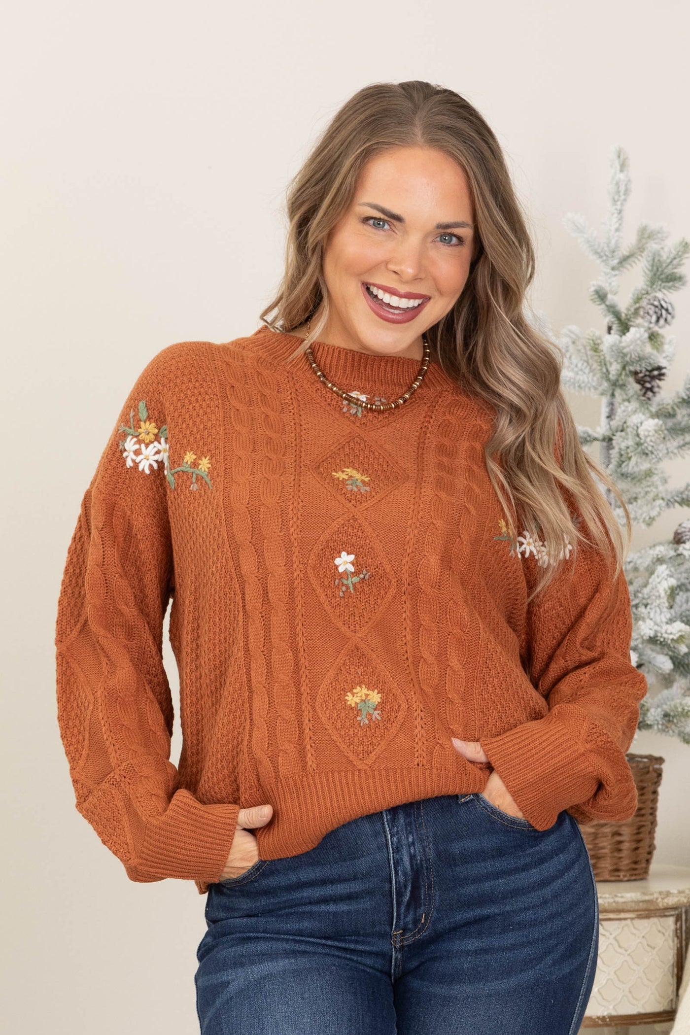 Burnt Orange Flower Cable Knitted Sweater