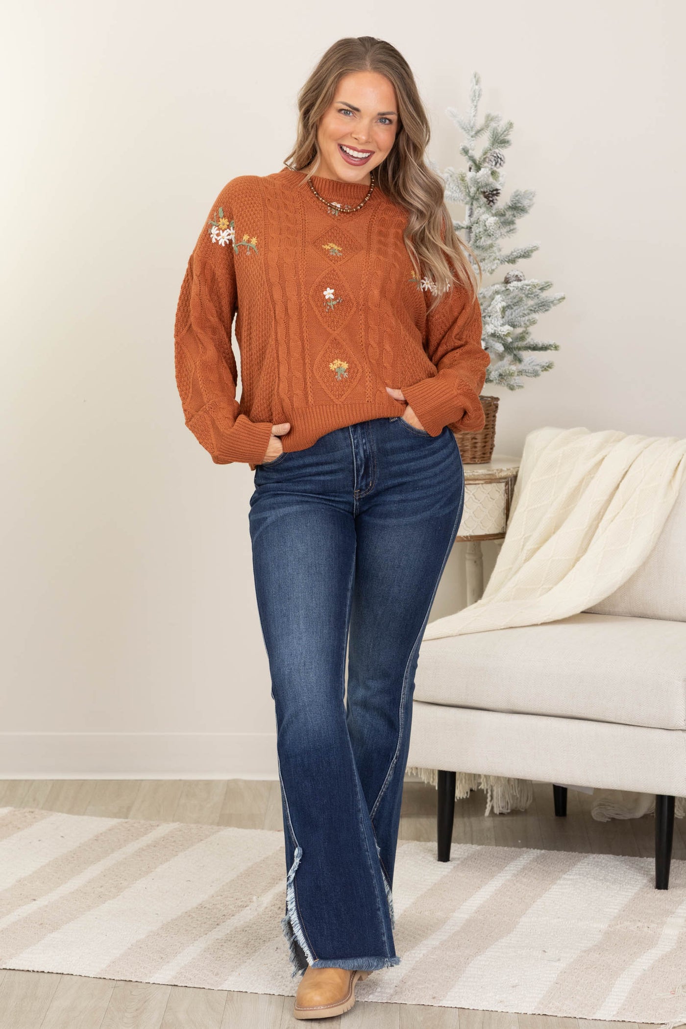 Burnt Orange Flower Cable Knitted Sweater