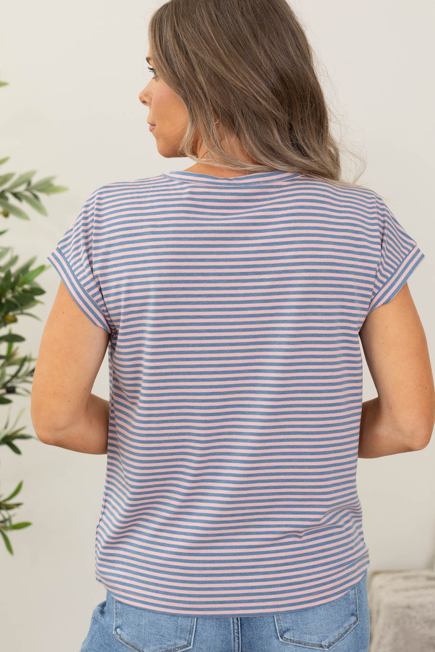 Staccato V-Neck Stripe Jersey Knit Top