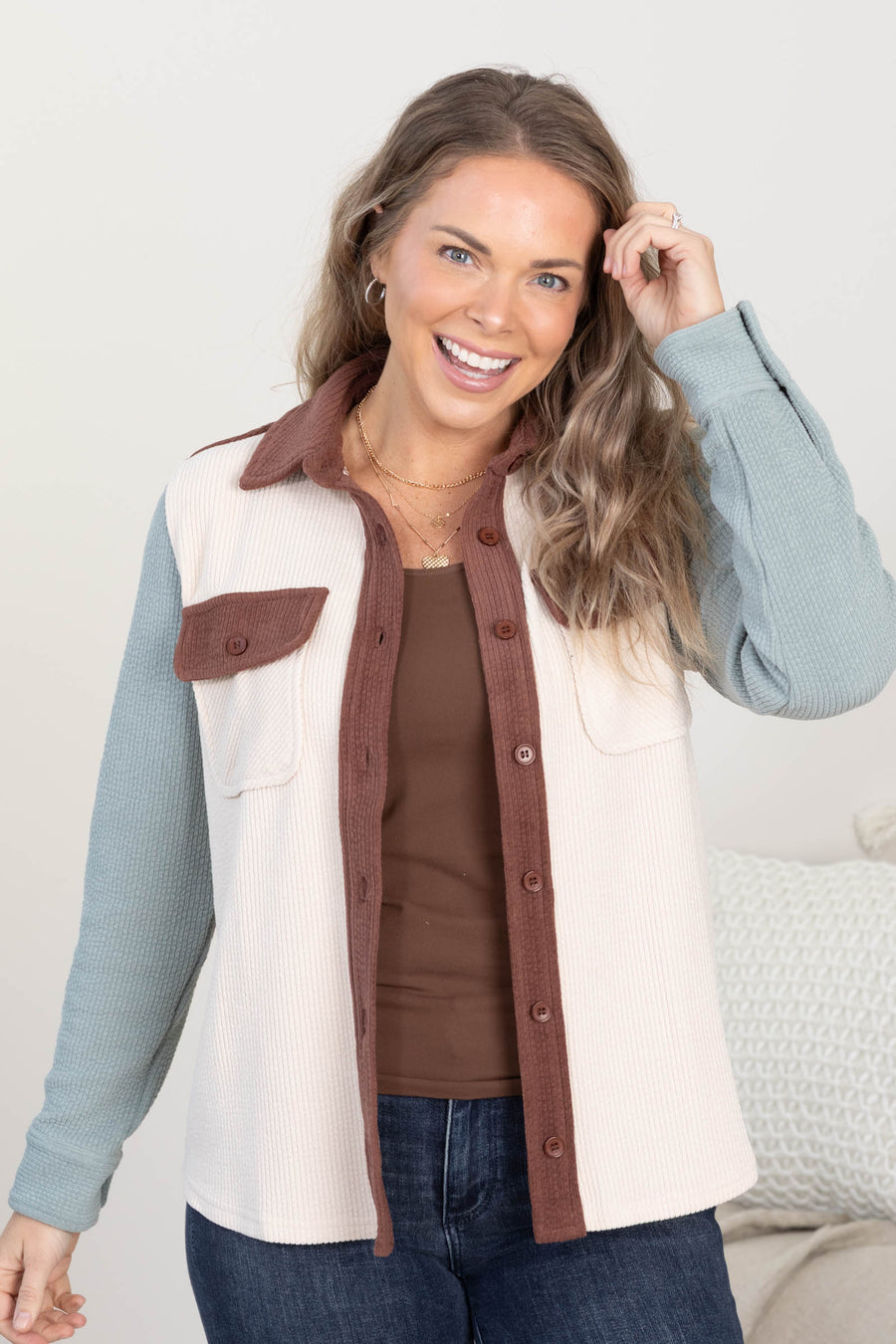 Beige Knit Corduroy Button Down Shacket