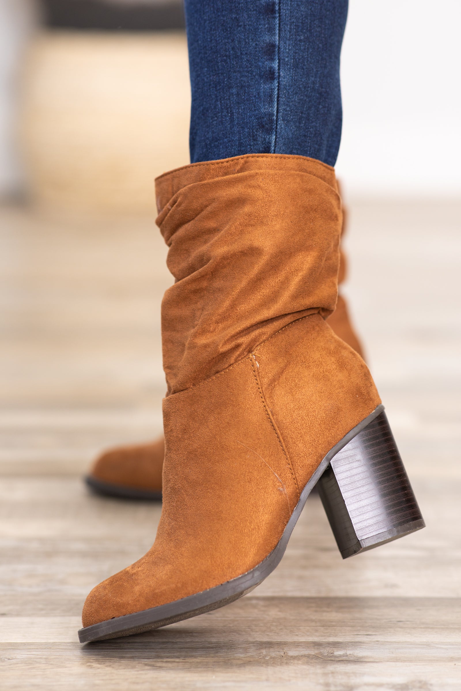 Dark Camel Faux Suede Slouchy Mid Calf Boots