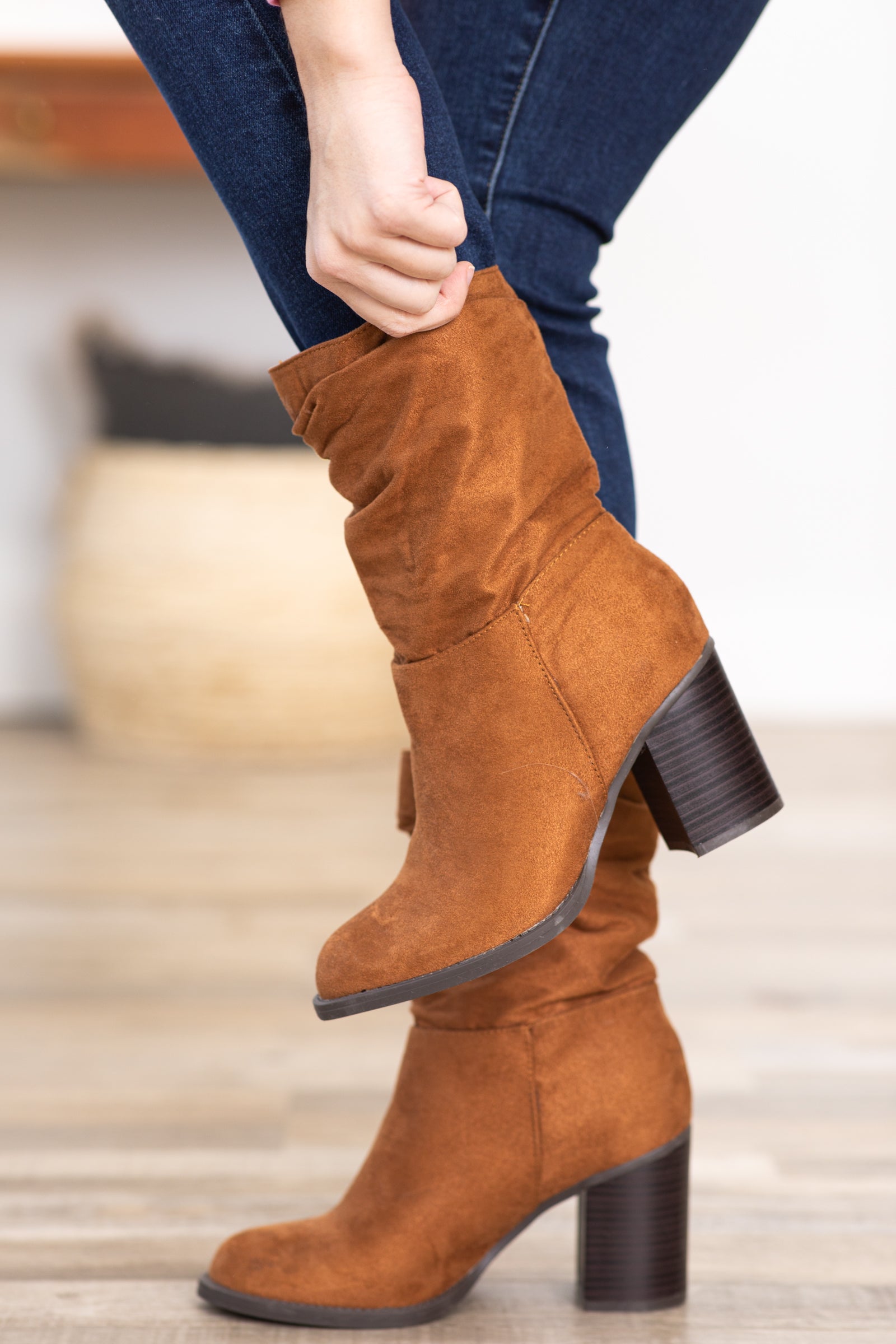 Dark Camel Faux Suede Slouchy Mid Calf Boots
