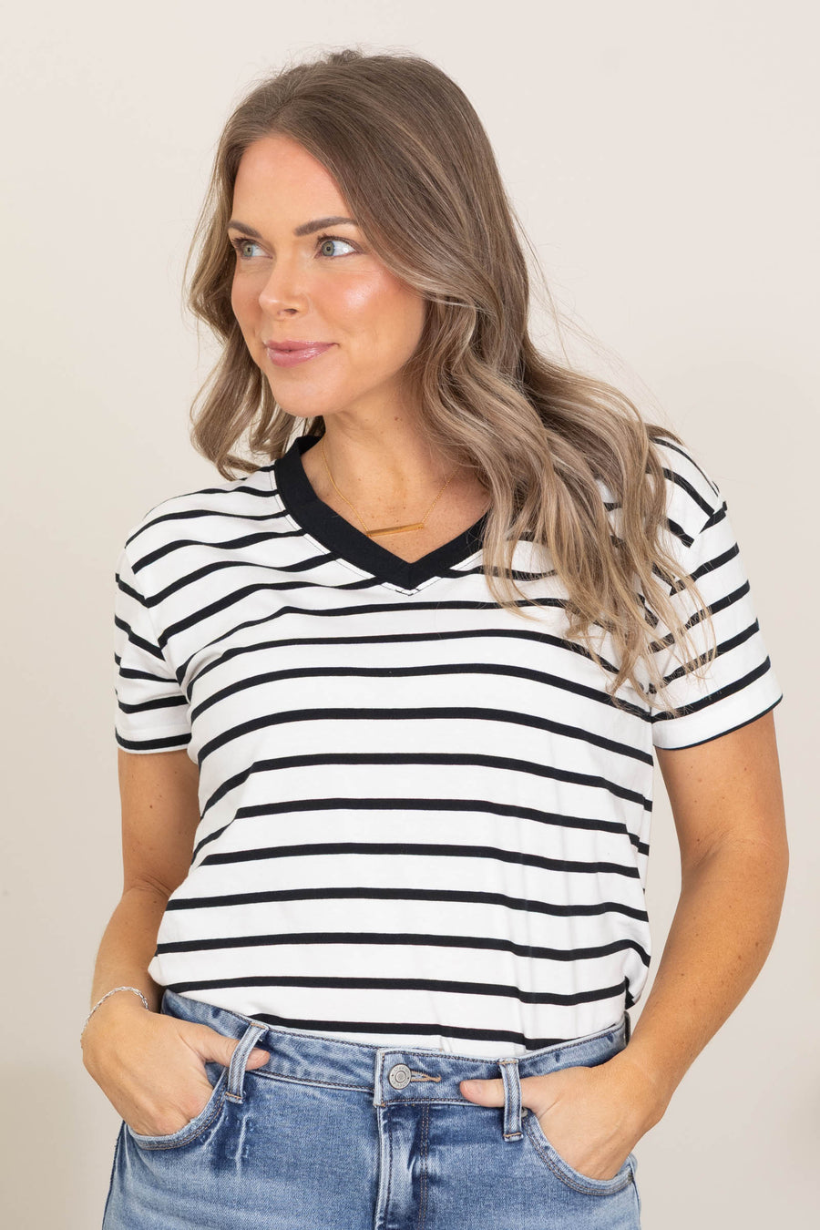 Striped V-Neck Knit Tee Shirts