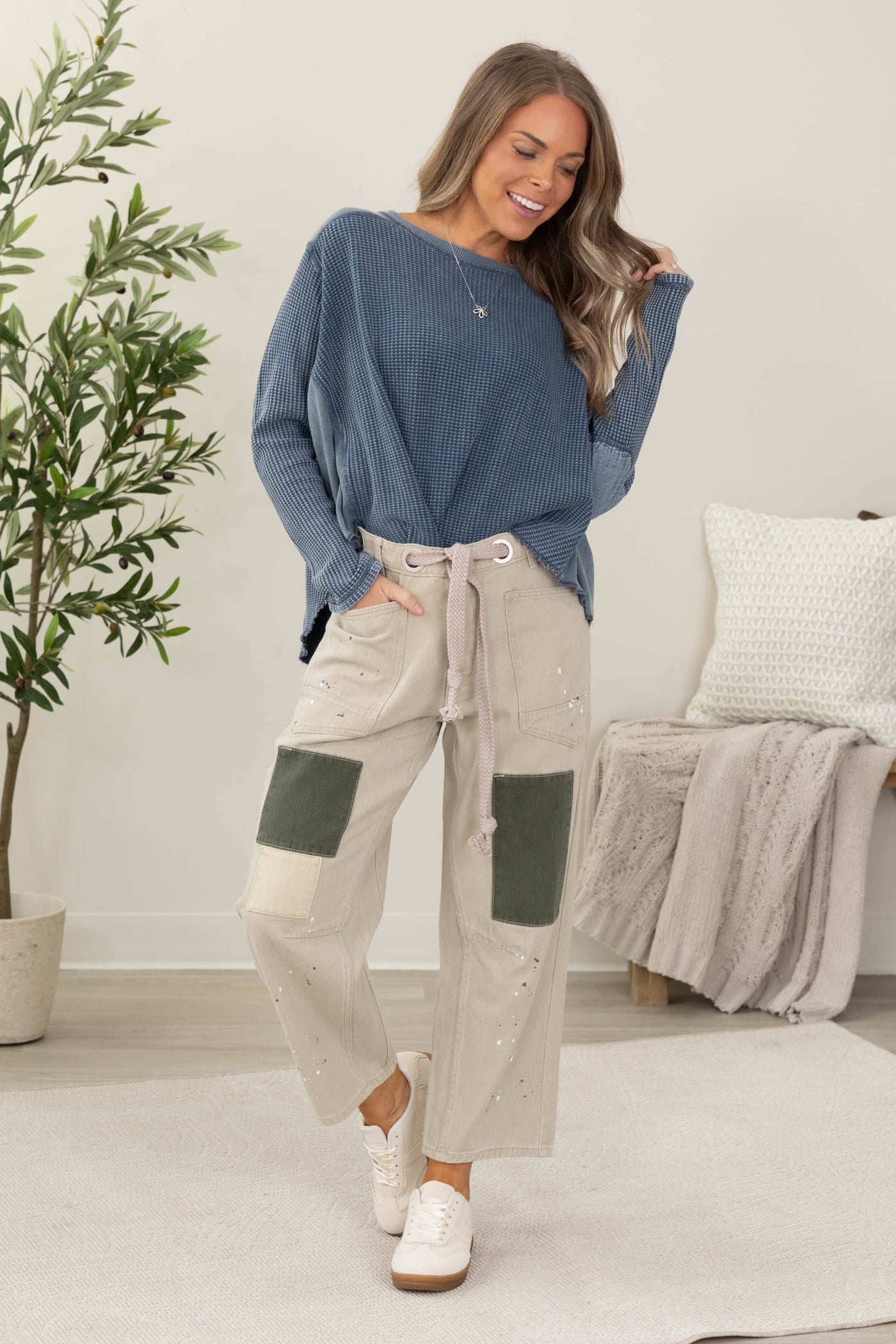 Slate Blue Washed Waffle Relaxed Knit Top